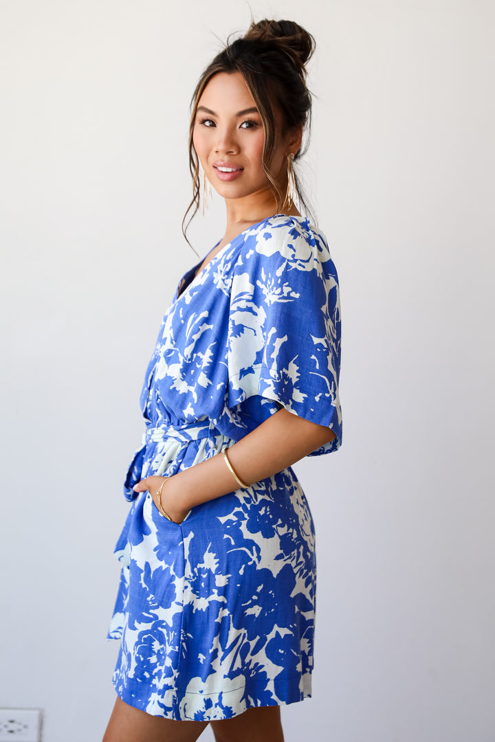 Charming Pose Royal Blue Floral Linen Romper