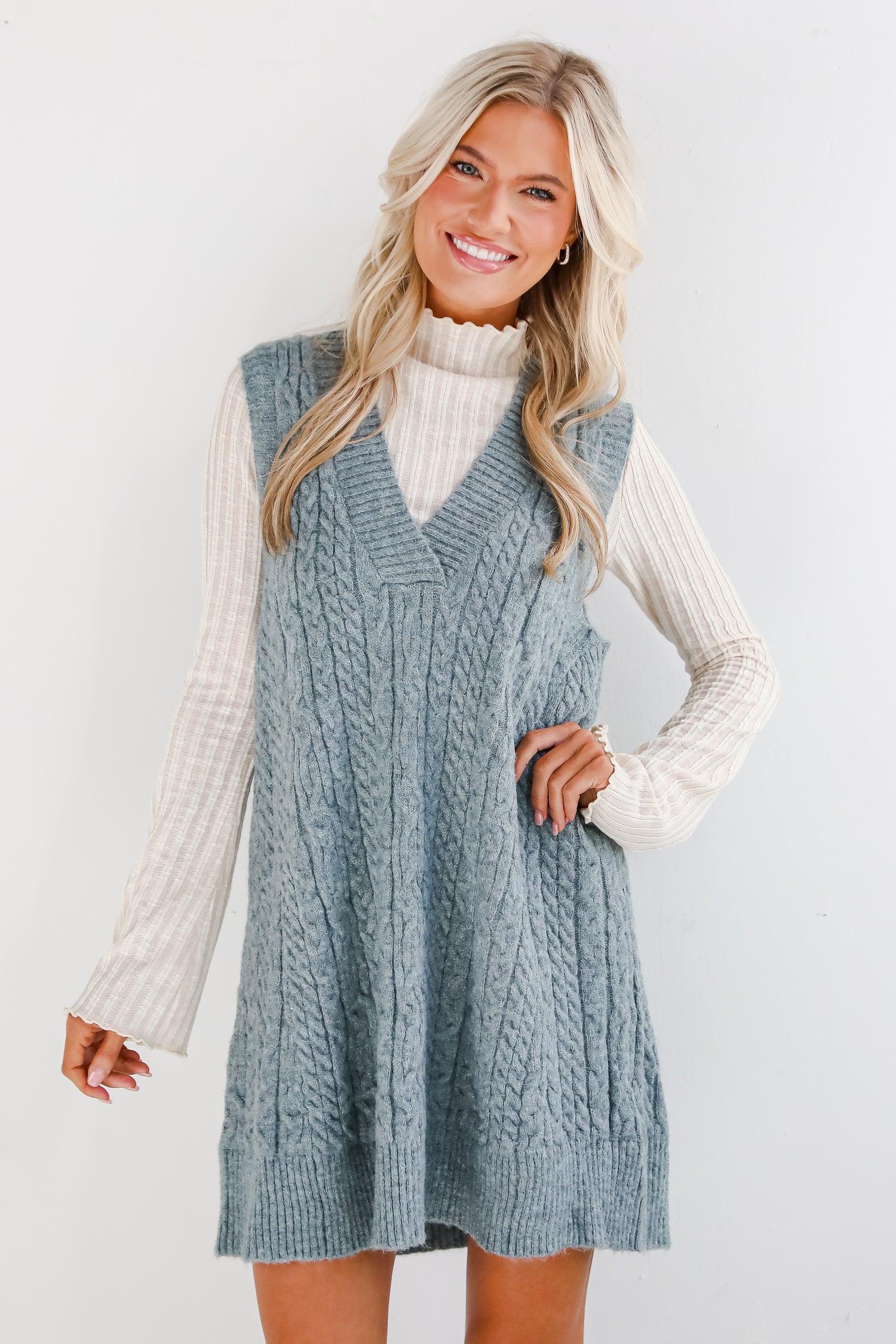 Simply Ideal Cable Knit Mini Sweater Dress