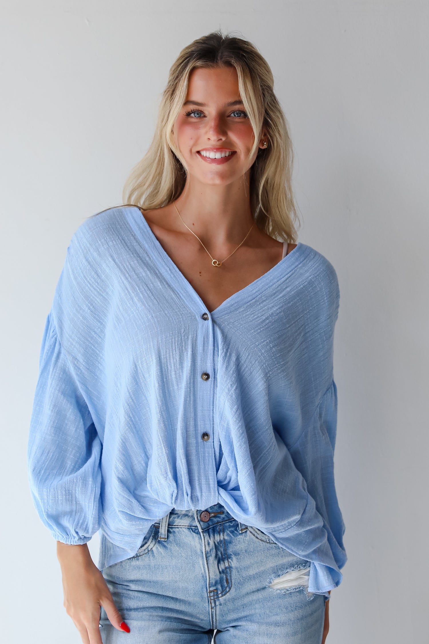 Sleek Dedication Light Blue Linen Blouse