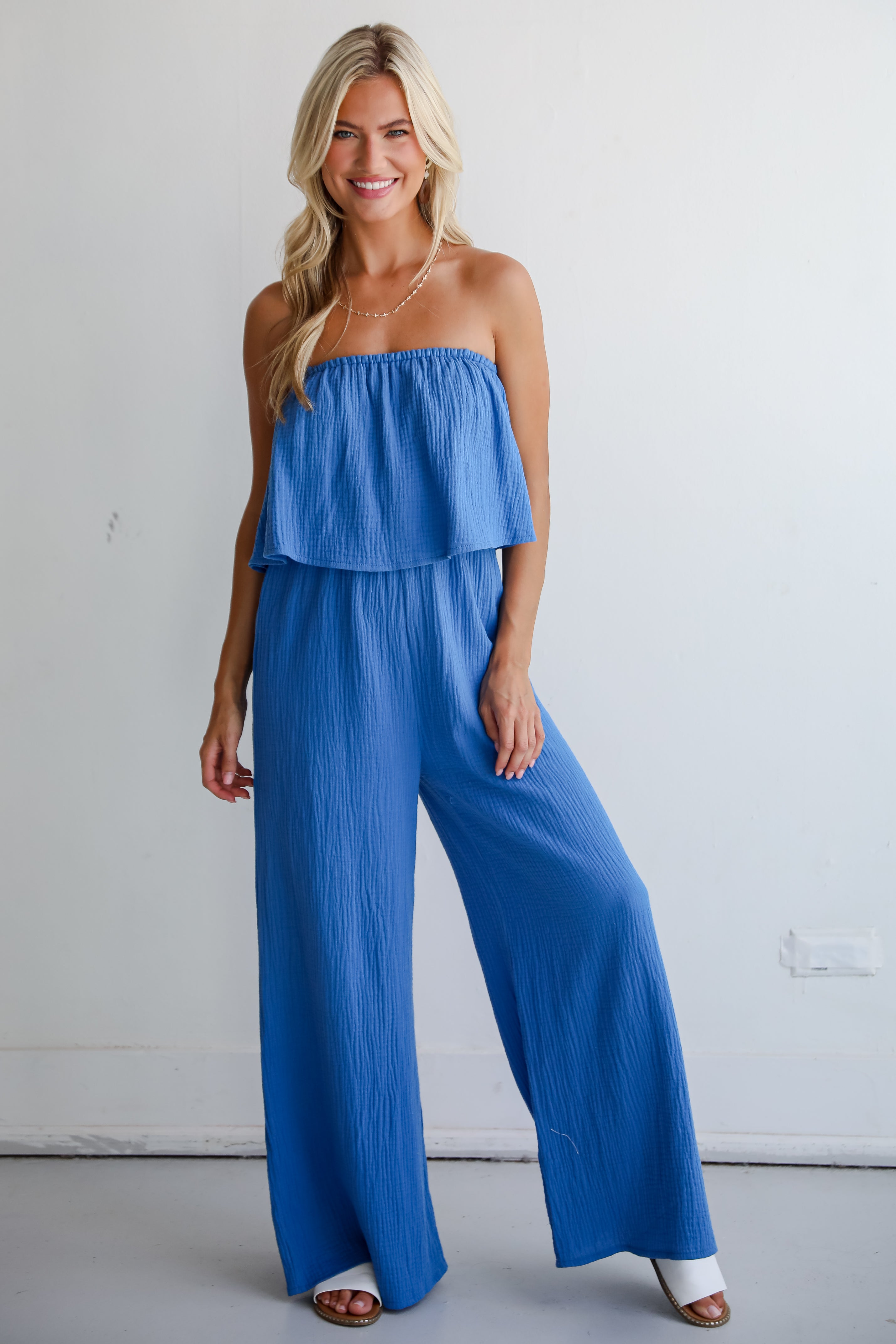 Celebrate In Style Blue Linen Strapless Jumpsuit