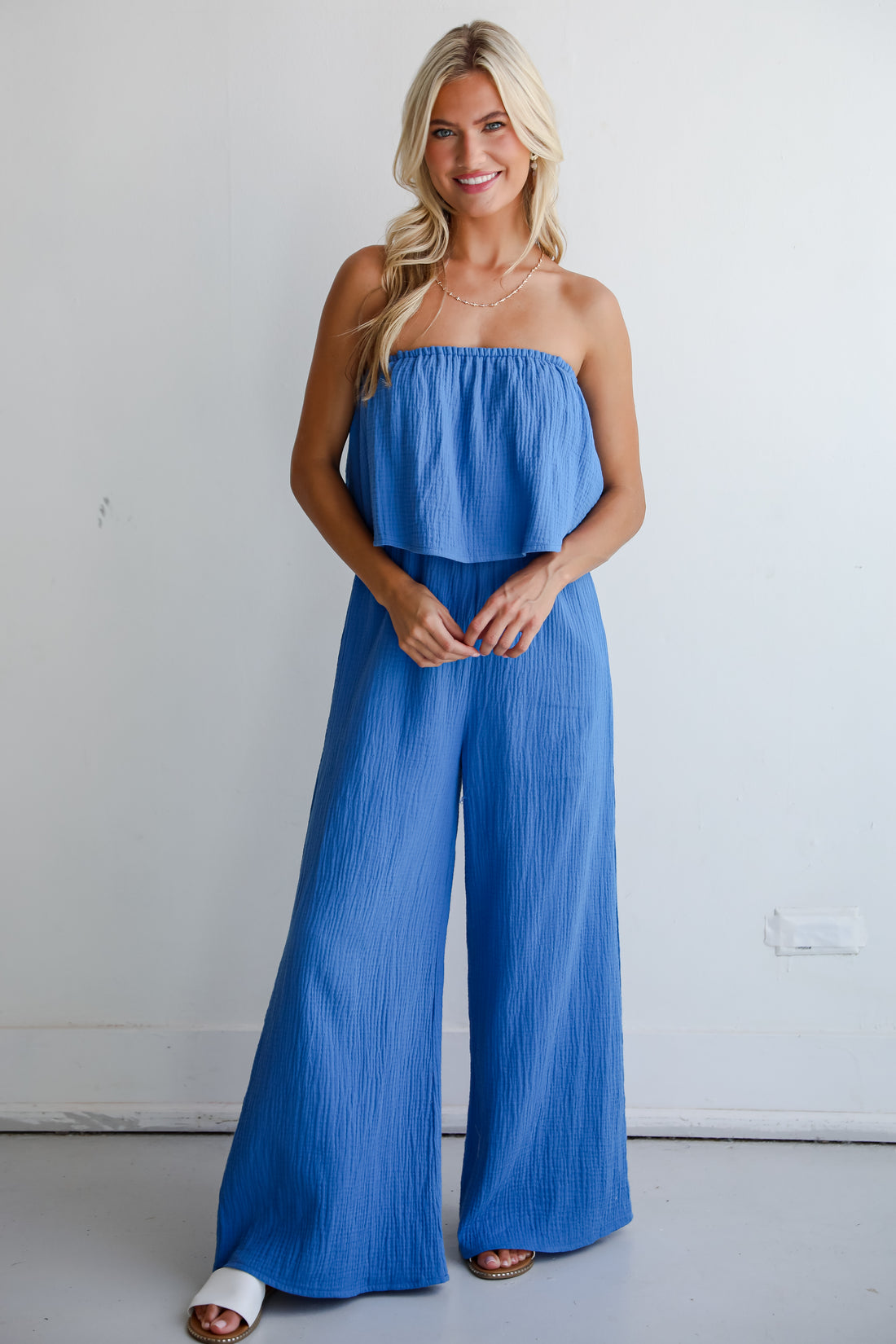 Celebrate In Style Blue Linen Strapless Jumpsuit