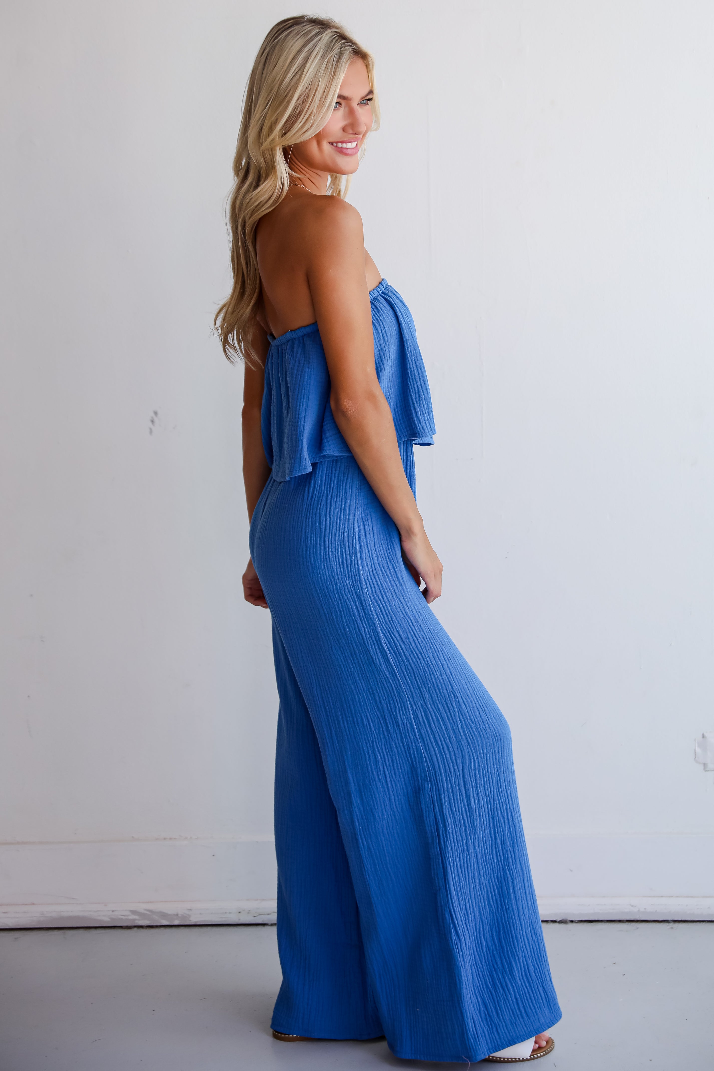 Celebrate In Style Blue Linen Strapless Jumpsuit