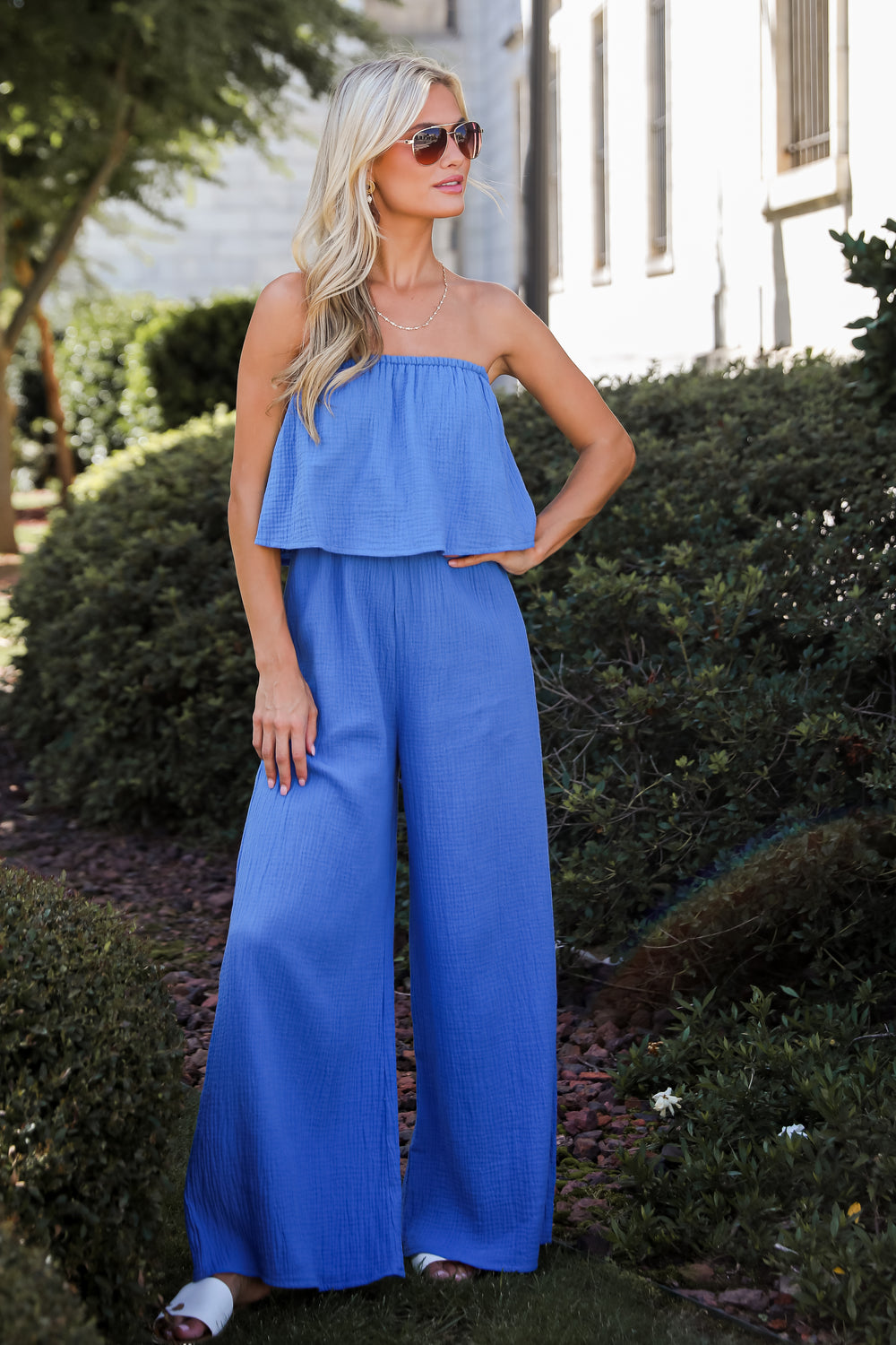 Celebrate In Style Blue Linen Strapless Jumpsuit