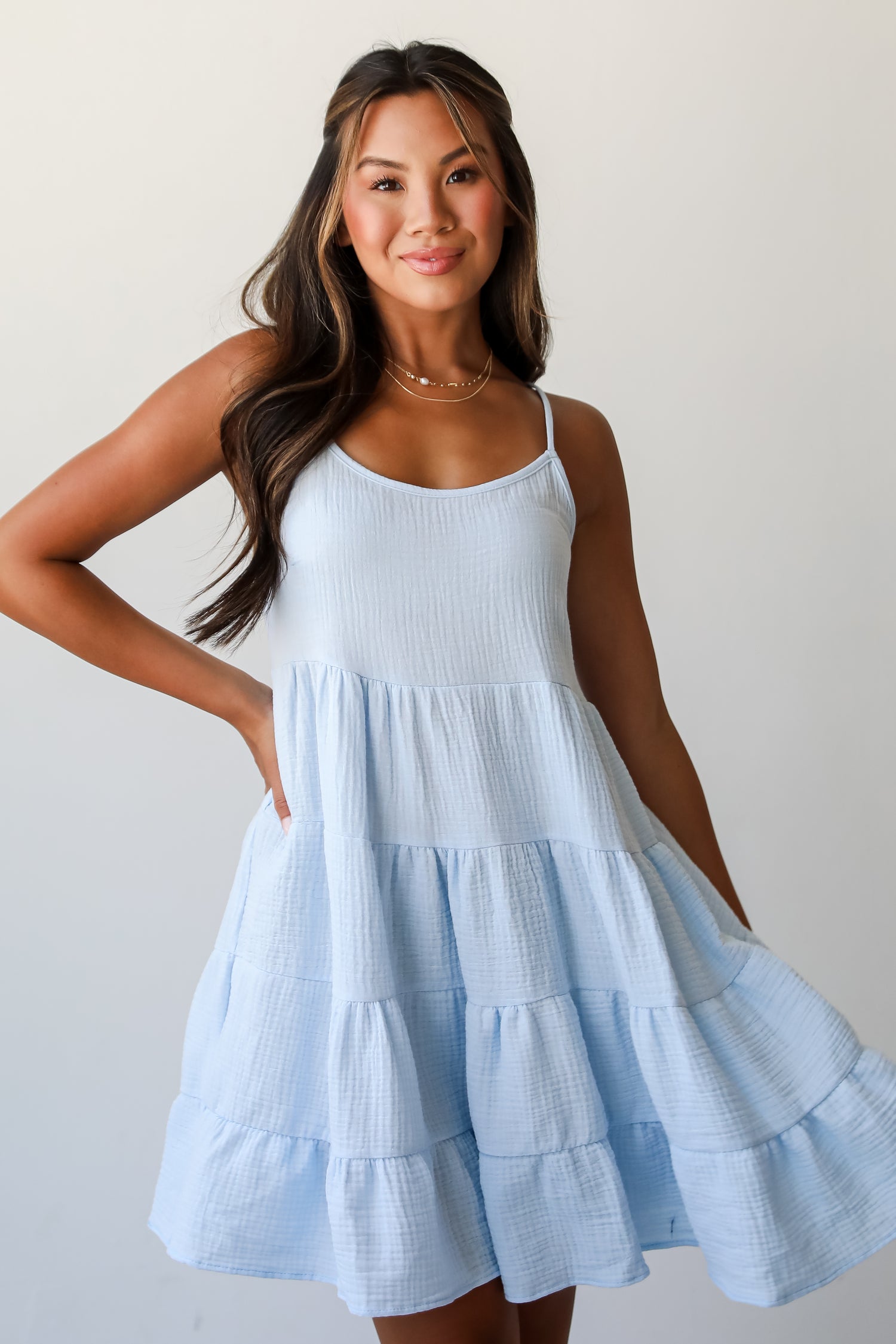 Sweetest Impact Light Blue Linen Tiered Mini Dress