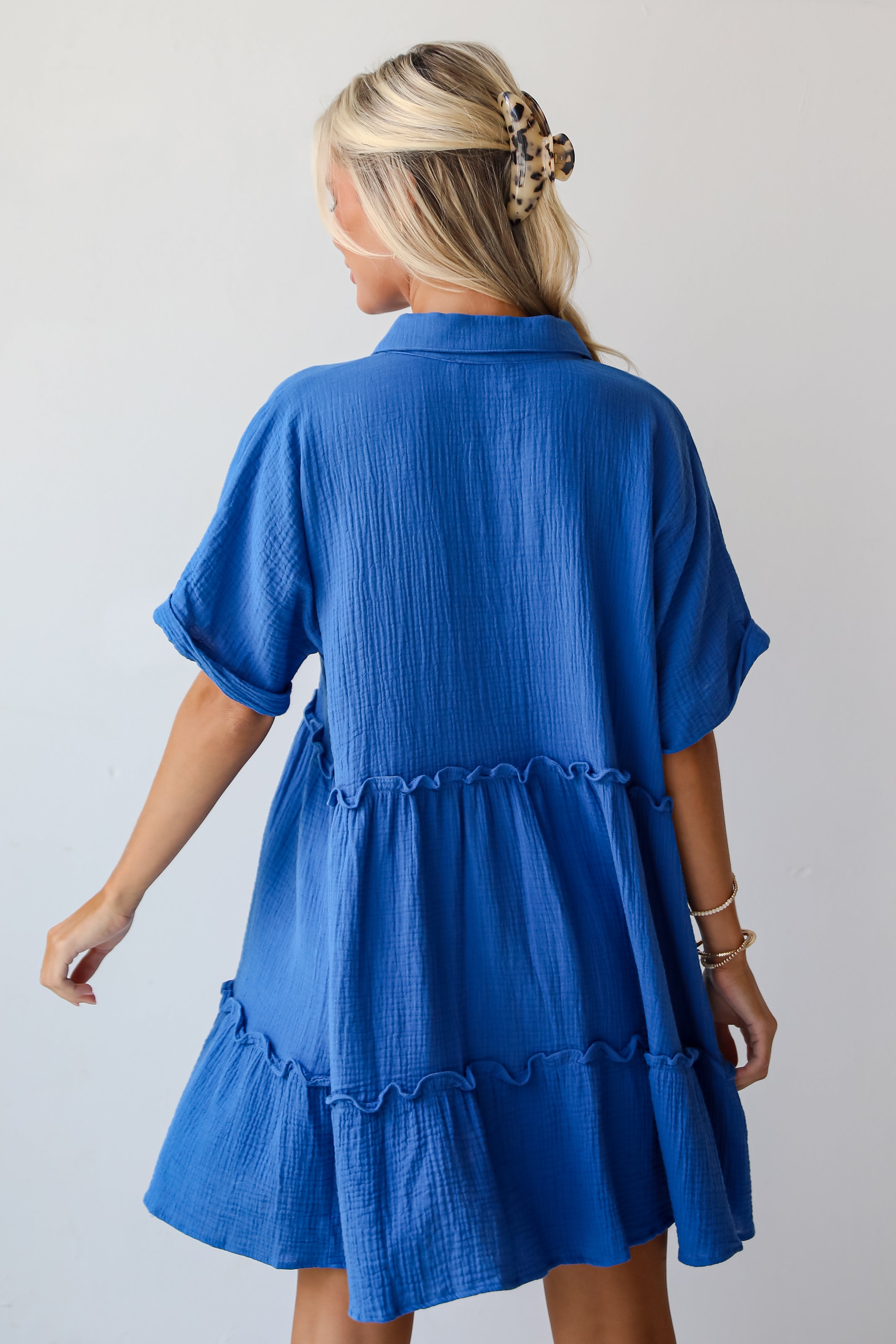 Charming Dynamic Royal Blue Linen Tiered Mini Dress