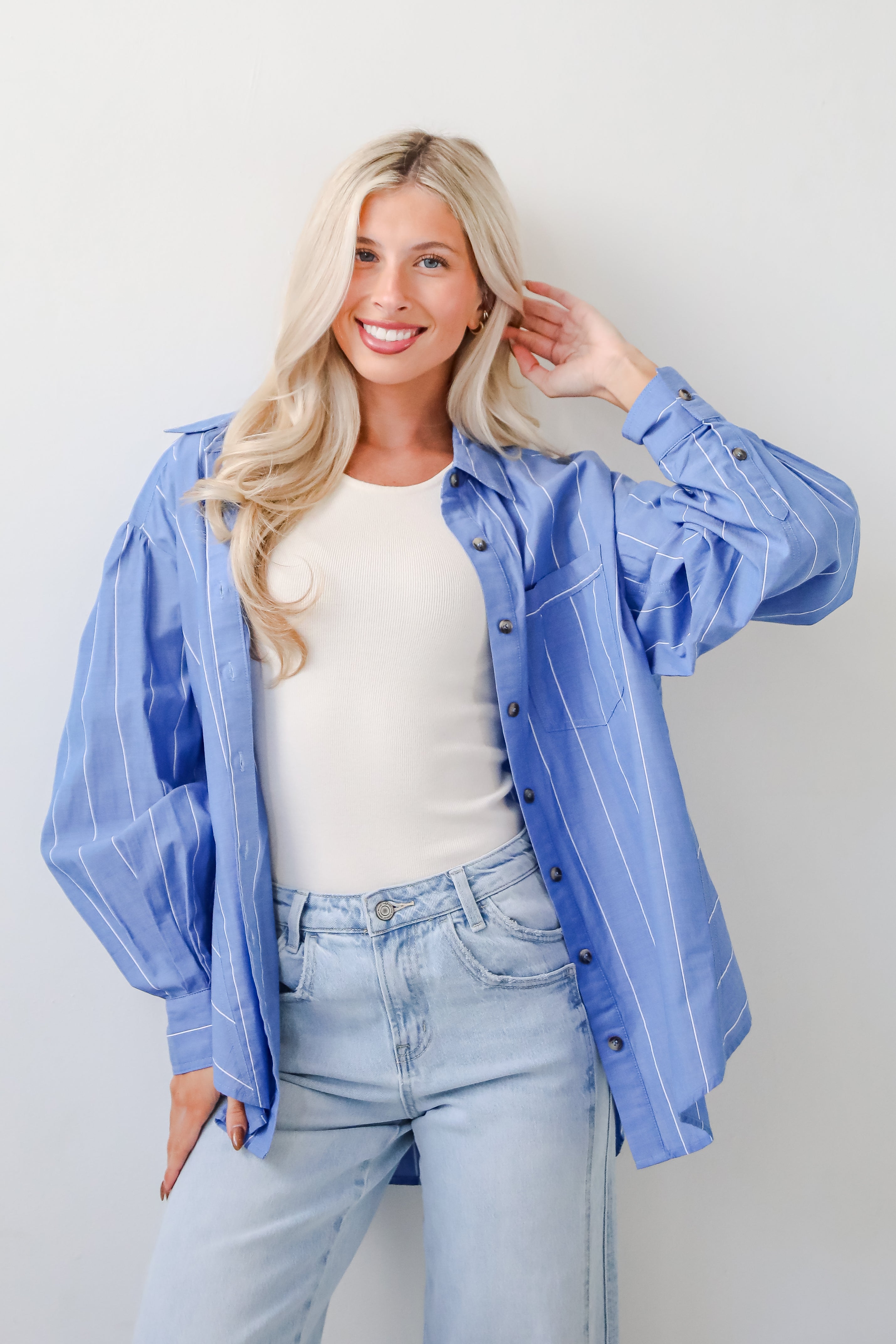 Polished Attitude Blue Pinstripe Button-Up Blouse