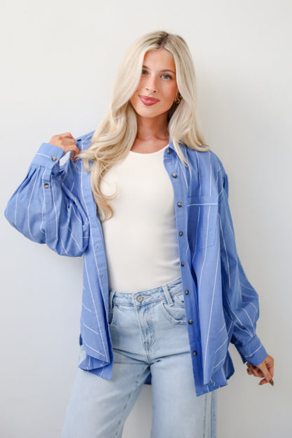 Polished Attitude Blue Pinstripe Button-Up Blouse