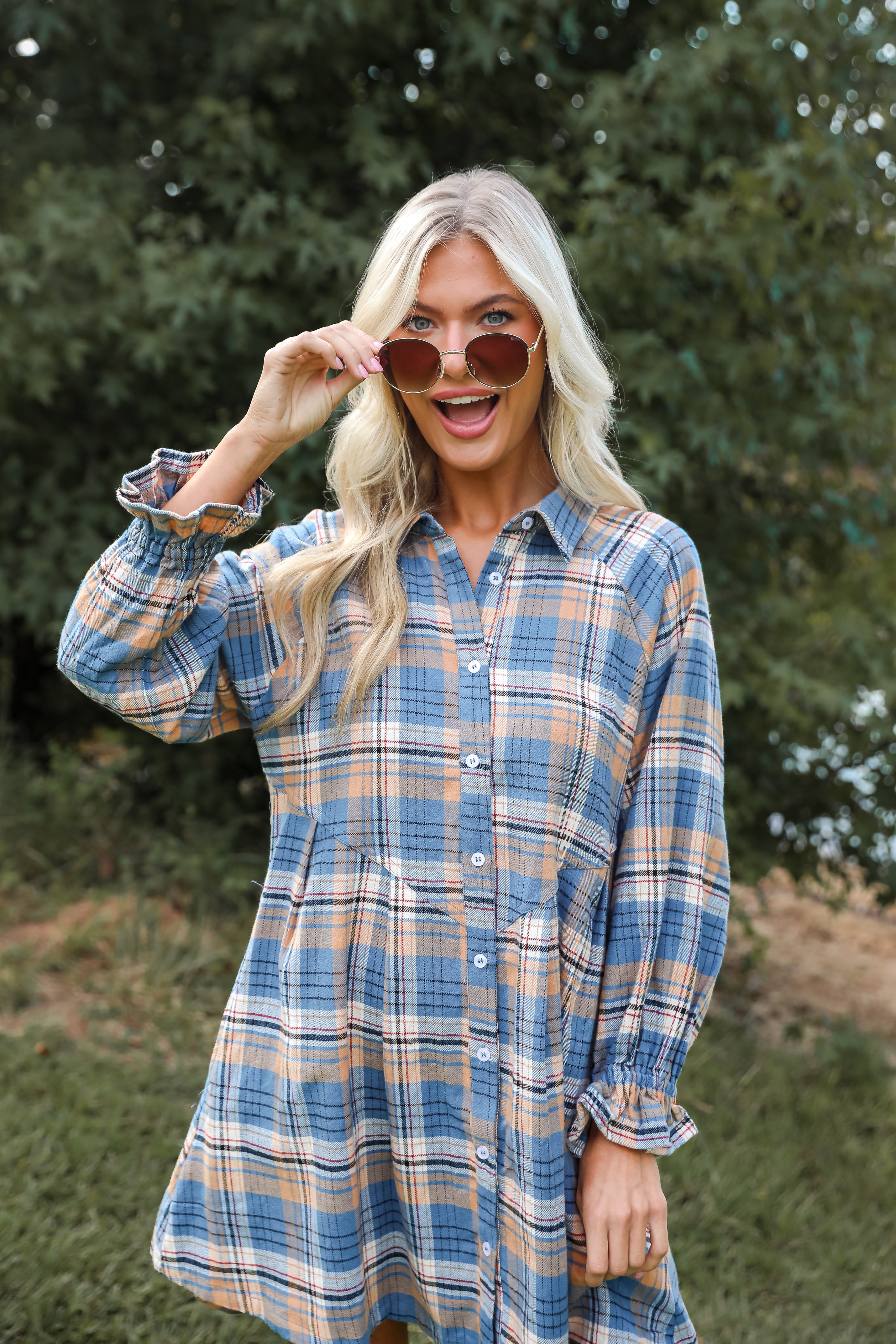 Superior Aesthetic Blue Plaid Flannel Mini Dress