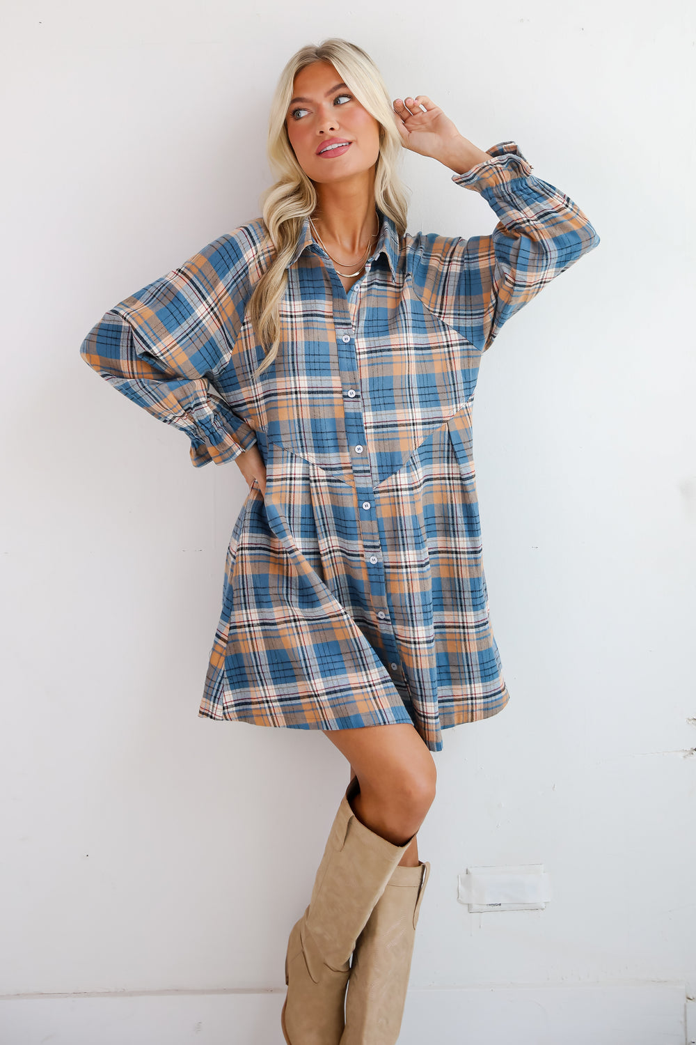 Superior Aesthetic Blue Plaid Flannel Mini Dress