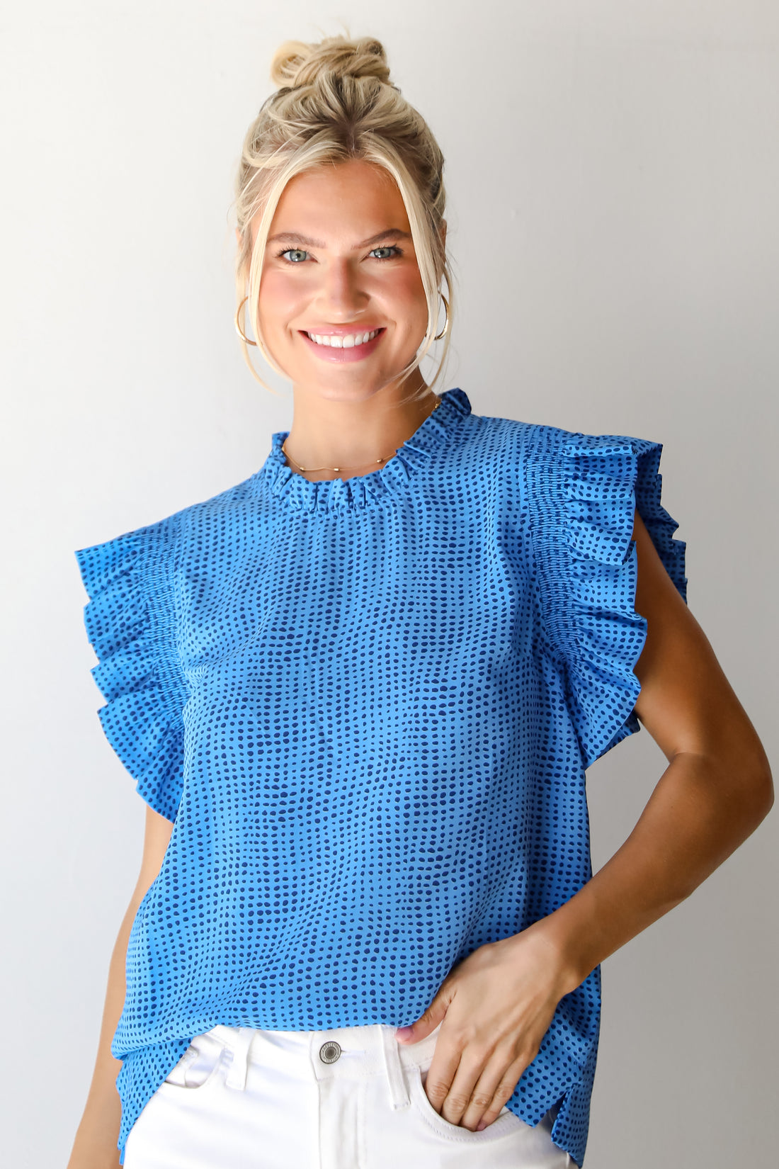 Ever Trendy Blue Dotted Ruffle Sleeve Blouse