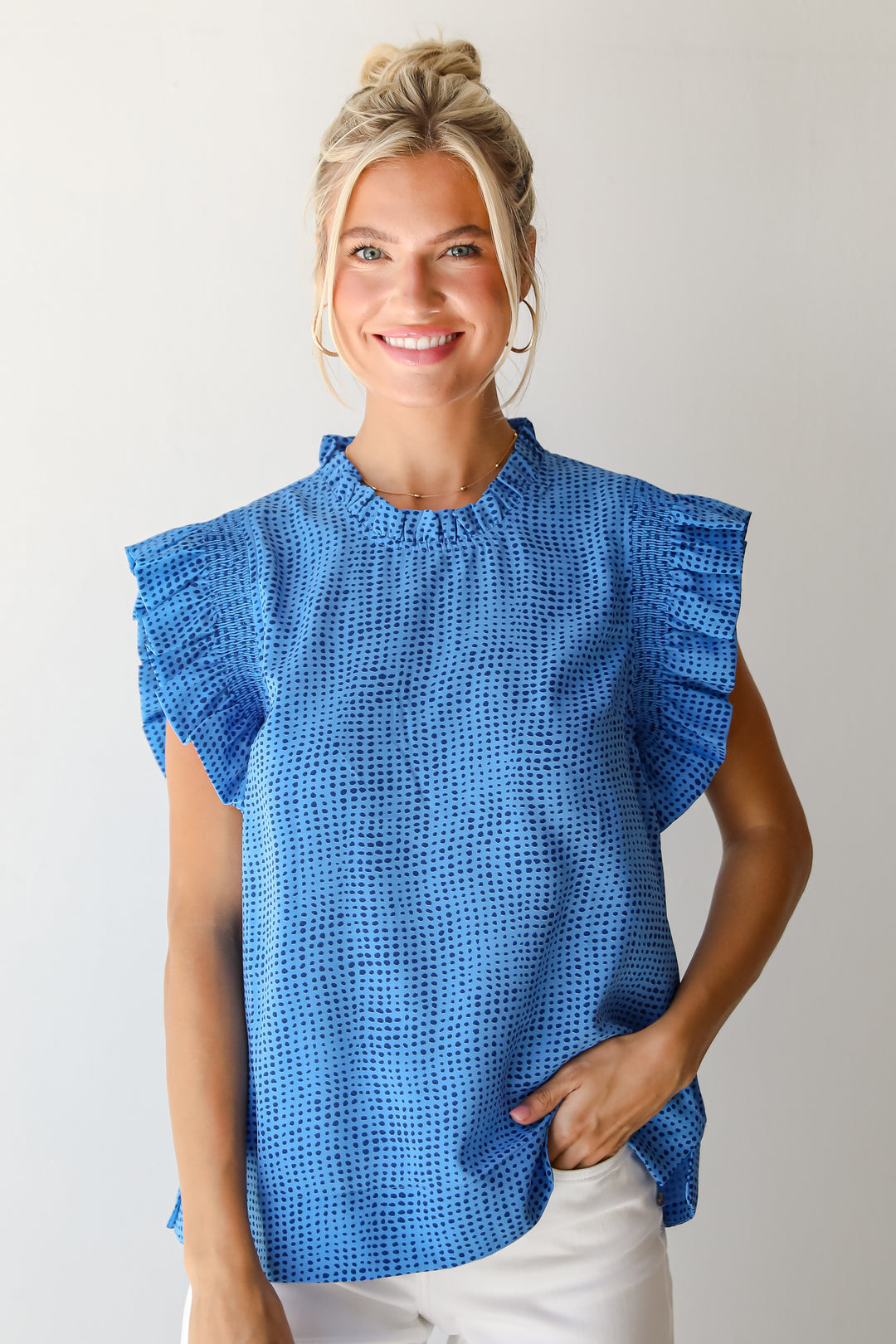 Ever Trendy Blue Dotted Ruffle Sleeve Blouse