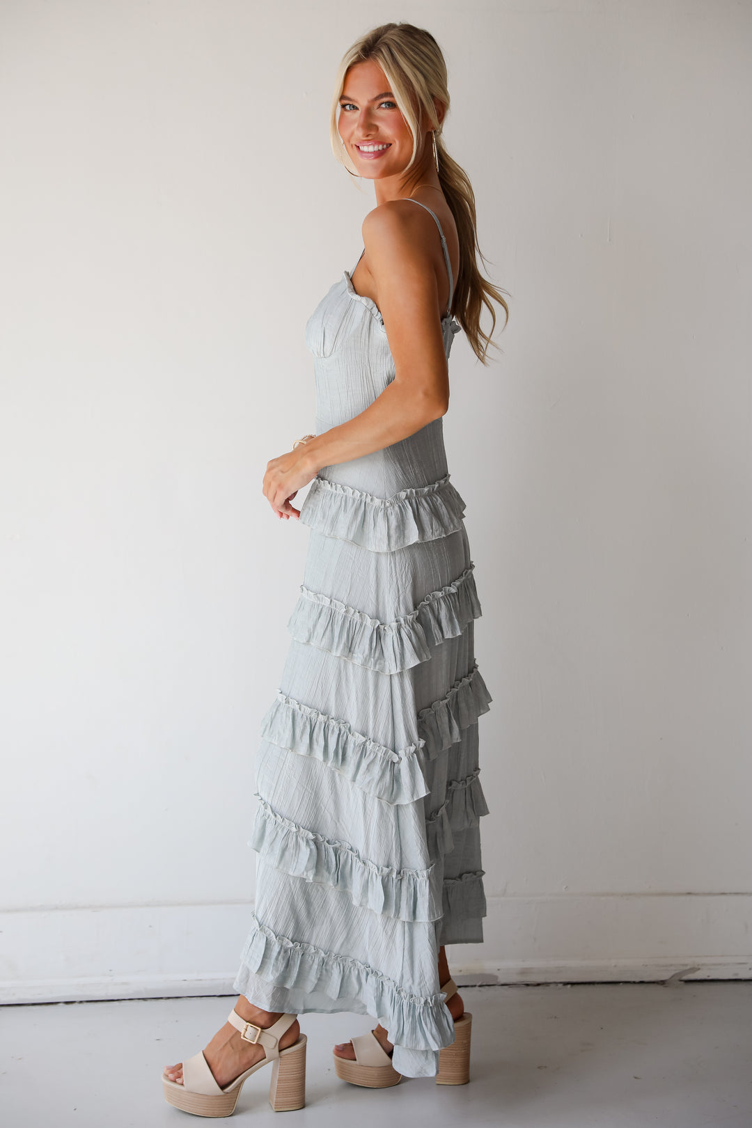 Flattering Attitude Light Blue Ruffle Tiered Maxi Dress