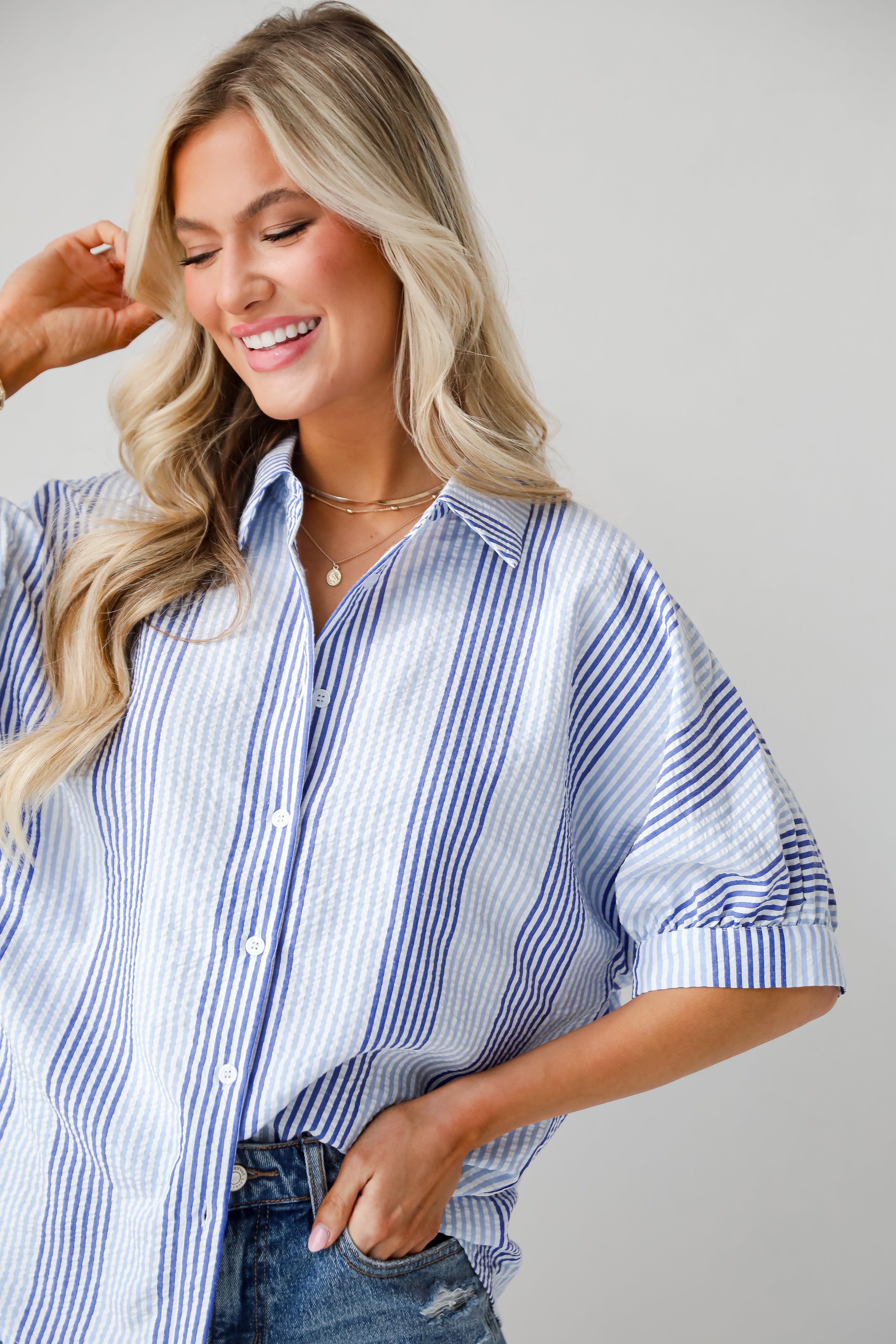 trendy Blue Seersucker Blouse