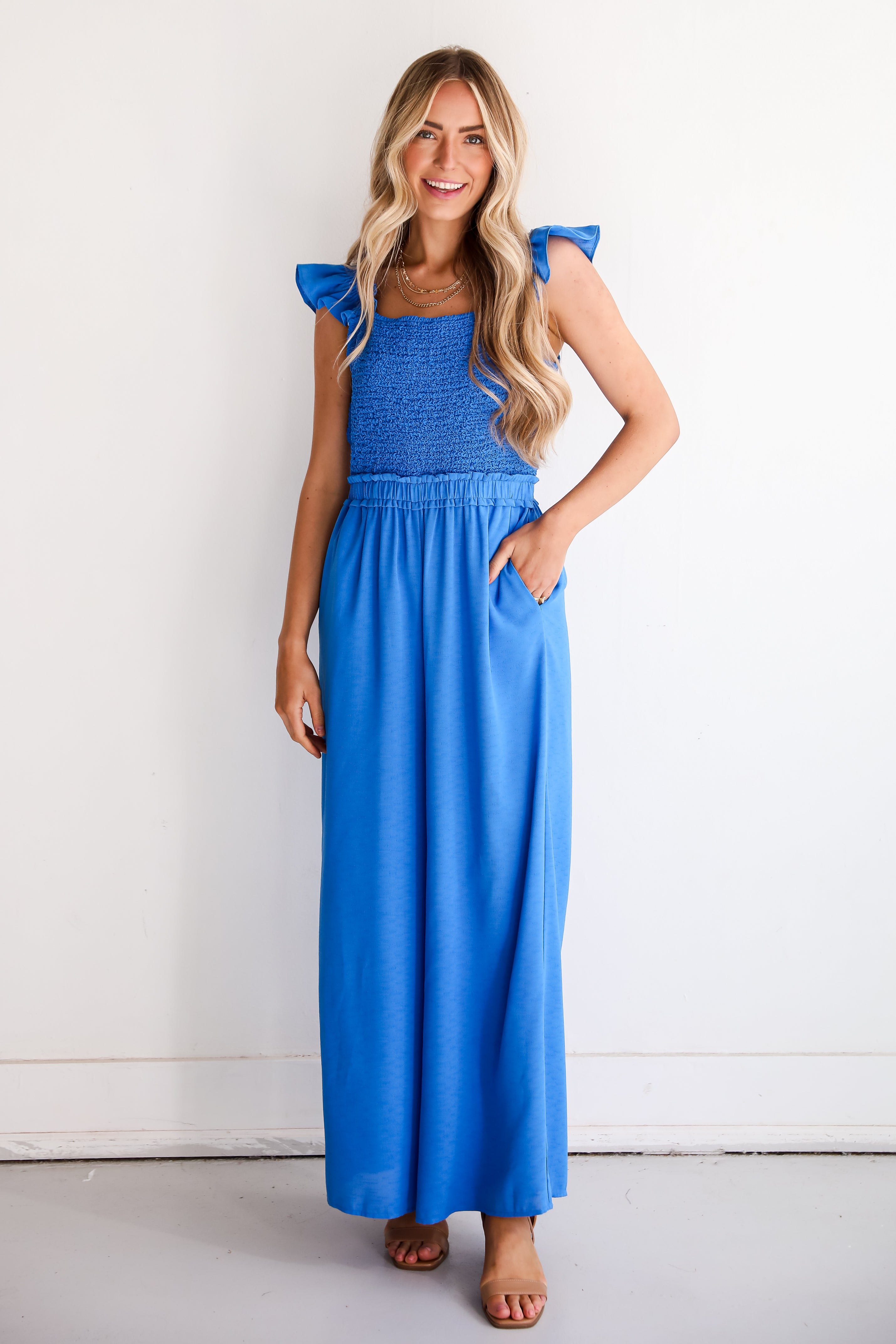 Blue Smocked Jumpsuit for women