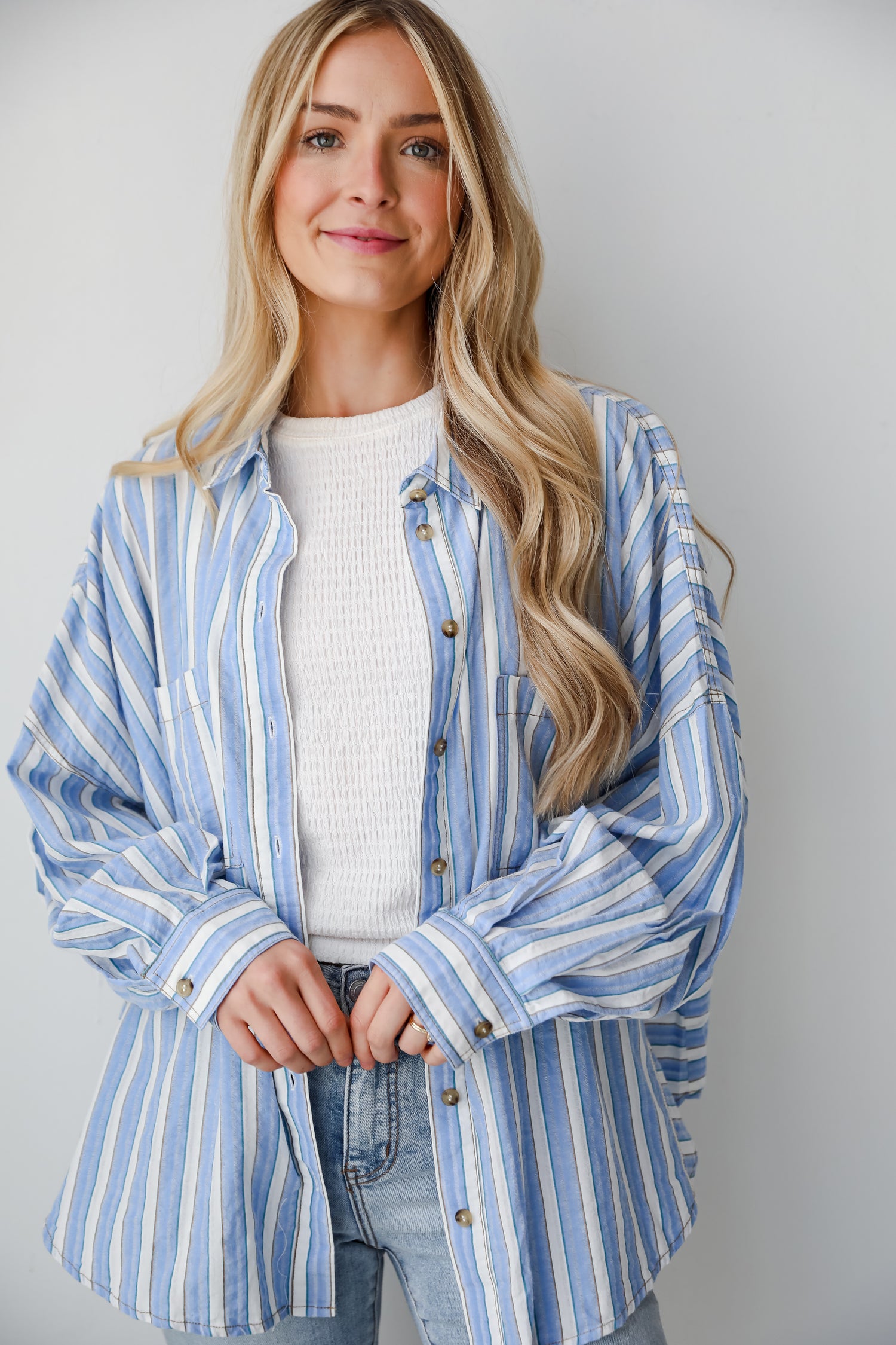 cute Blue Striped Button-Up Blouse