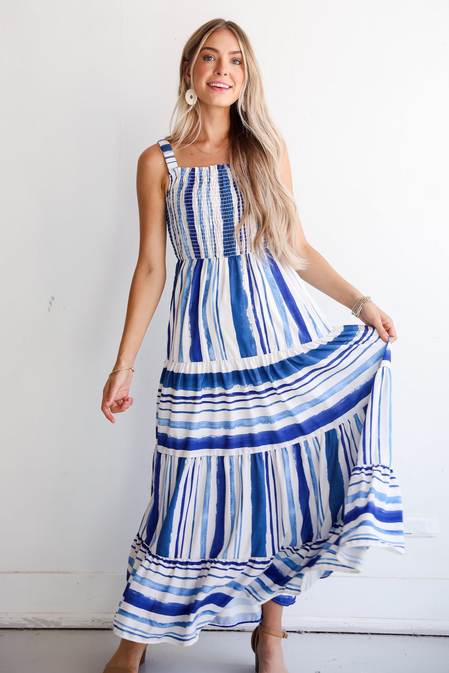 Impressively Darling Blue Striped Tiered Maxi Dress