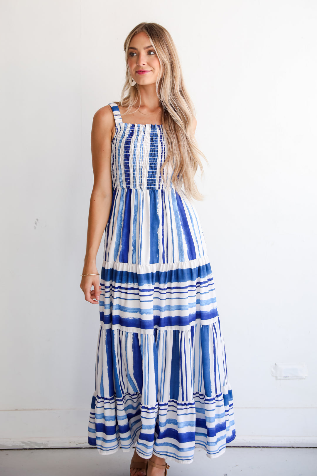 Impressively Darling Blue Striped Tiered Maxi Dress