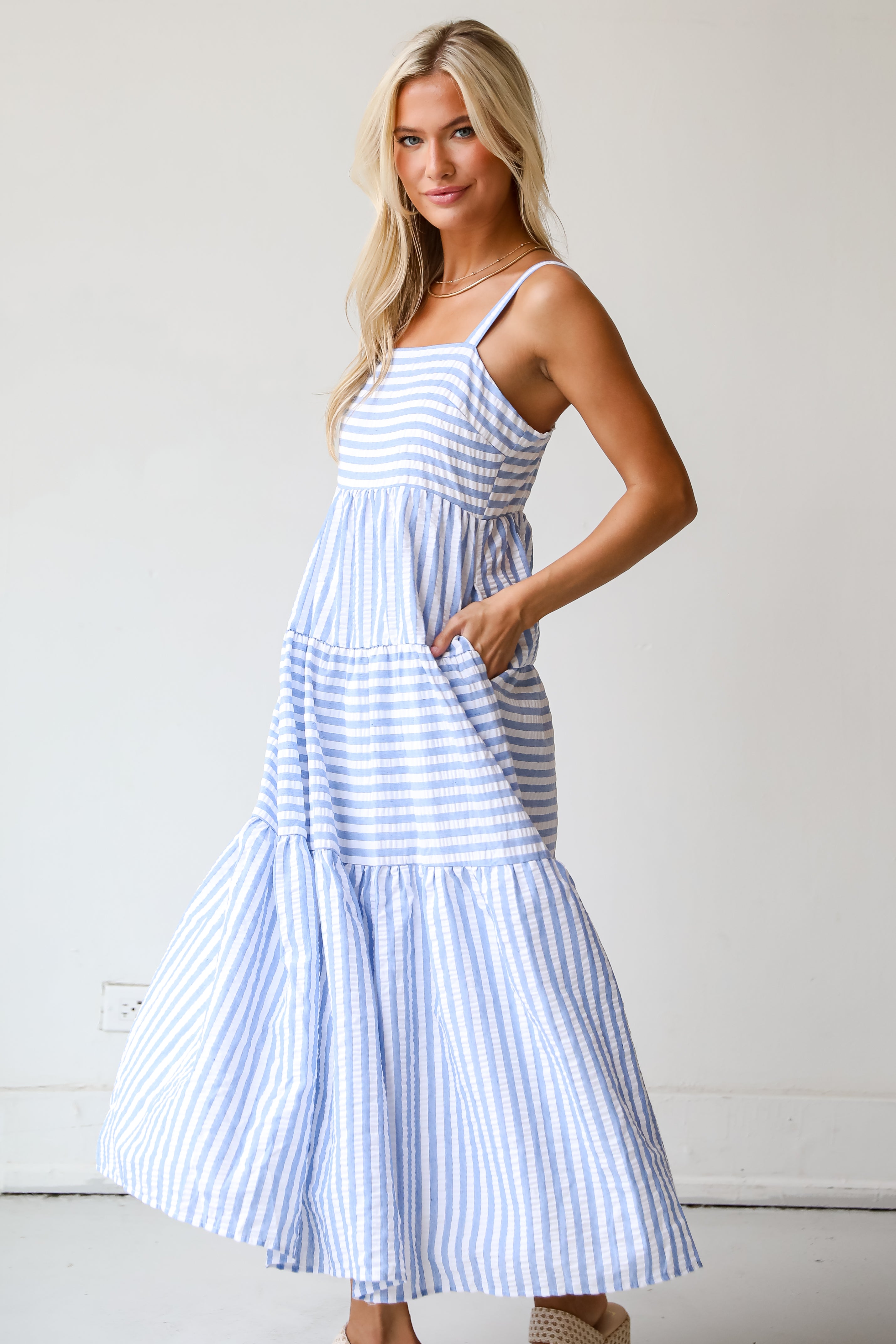 Sunny Aspirations Blue Striped Tiered Maxi Dress