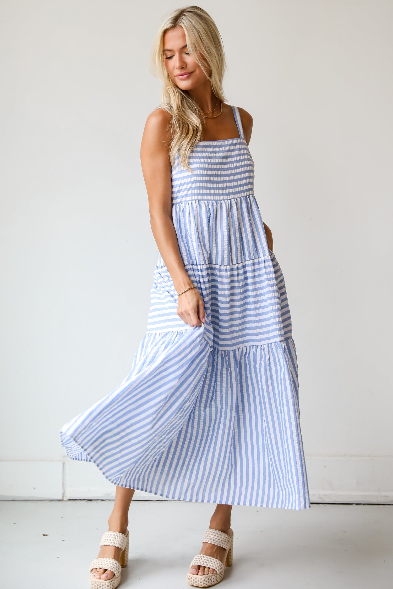 Sunny Aspirations Blue Striped Tiered Maxi Dress