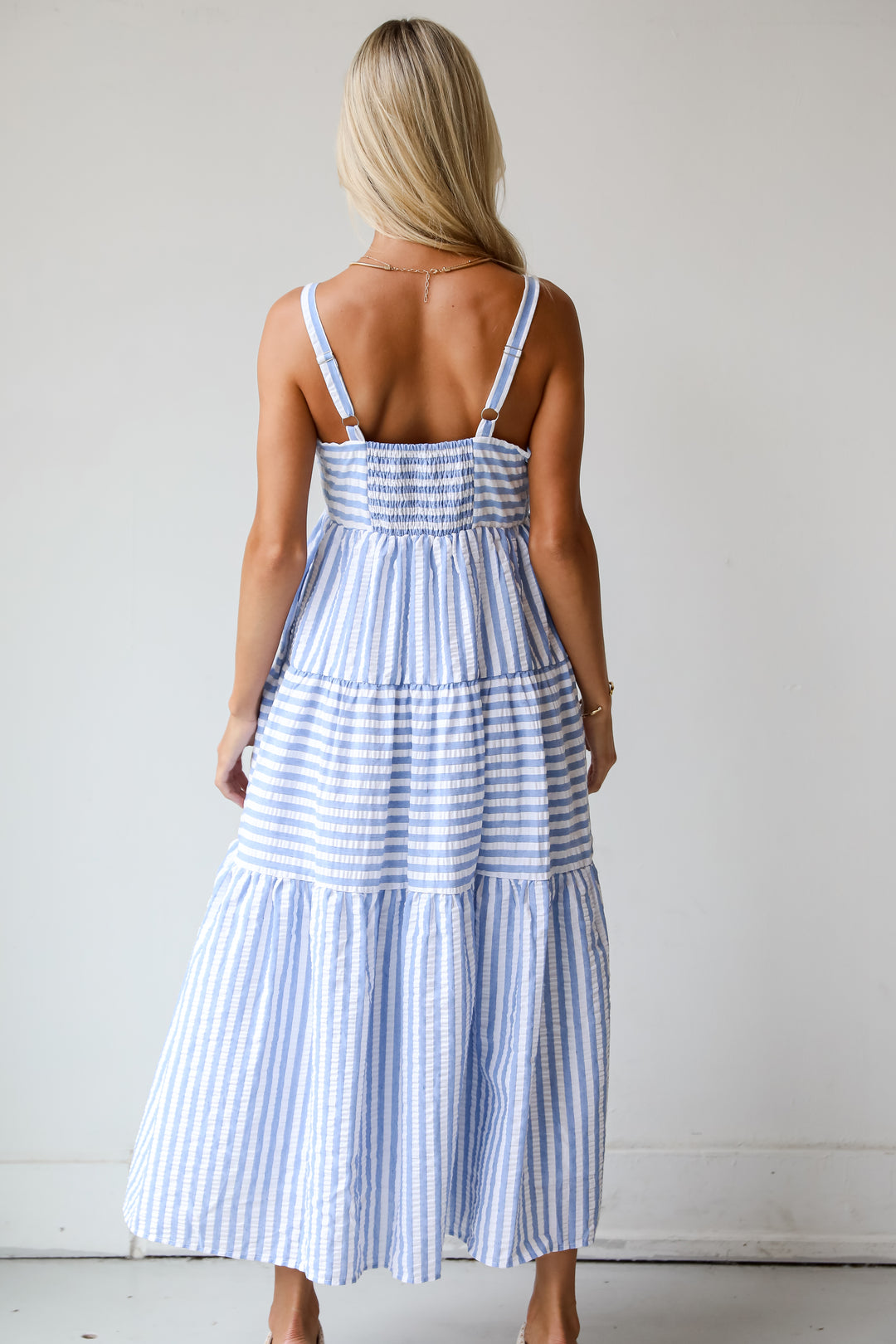 Sunny Aspirations Blue Striped Tiered Maxi Dress