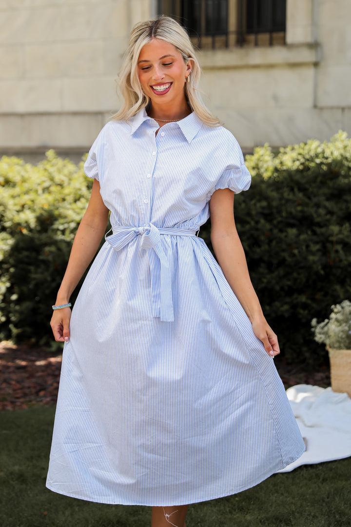 Light Blue Striped Midi Dress