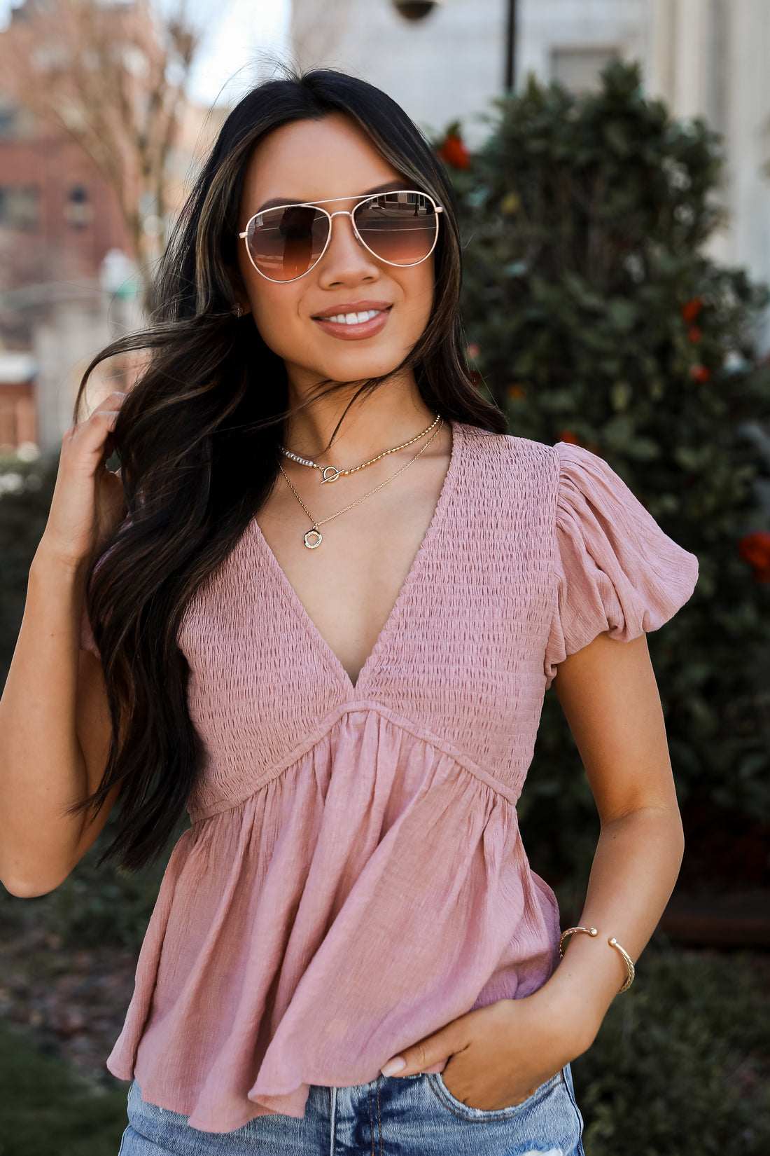 Blush Smocked Babydoll Blouse