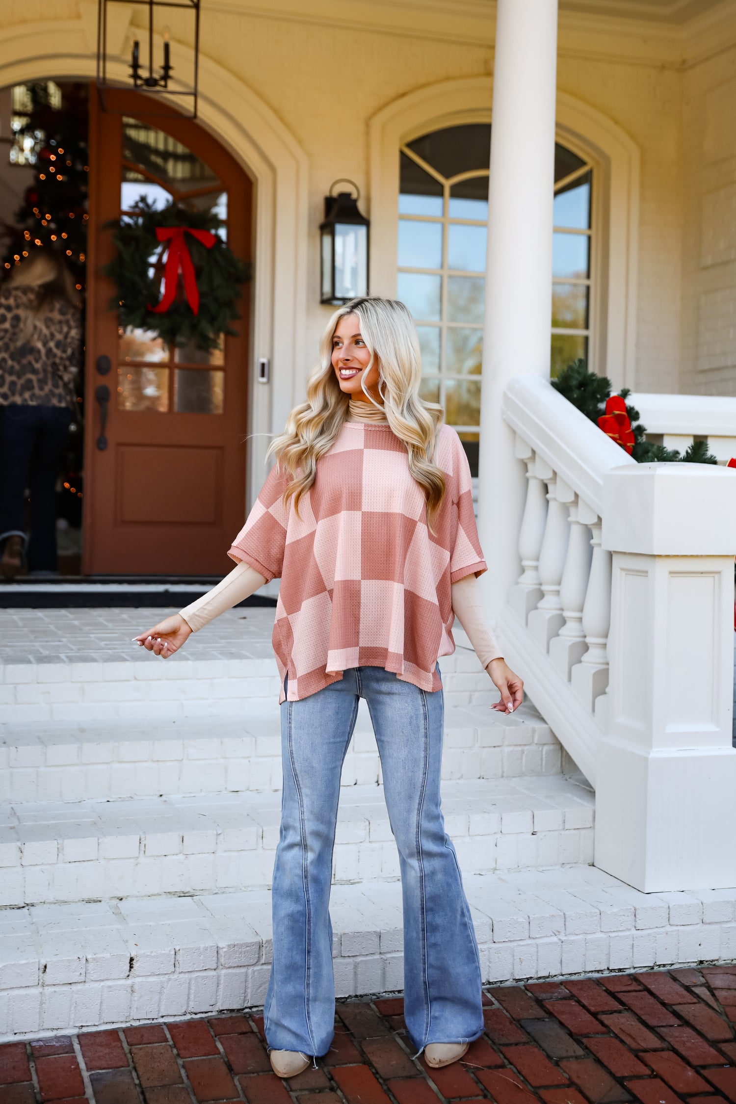 Delaney Blush Checkered Waffle Knit Top