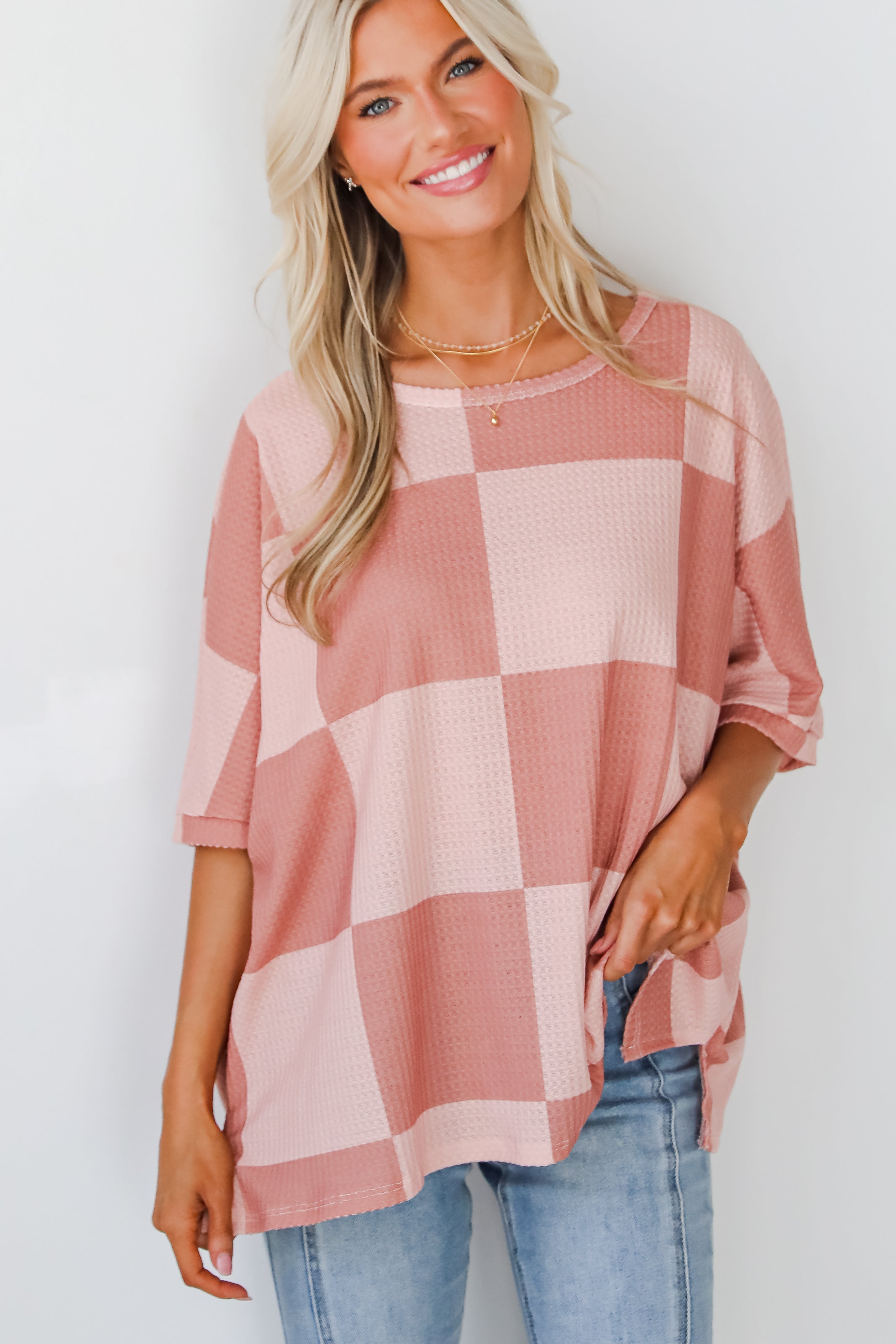 Delaney Blush Checkered Waffle Knit Top