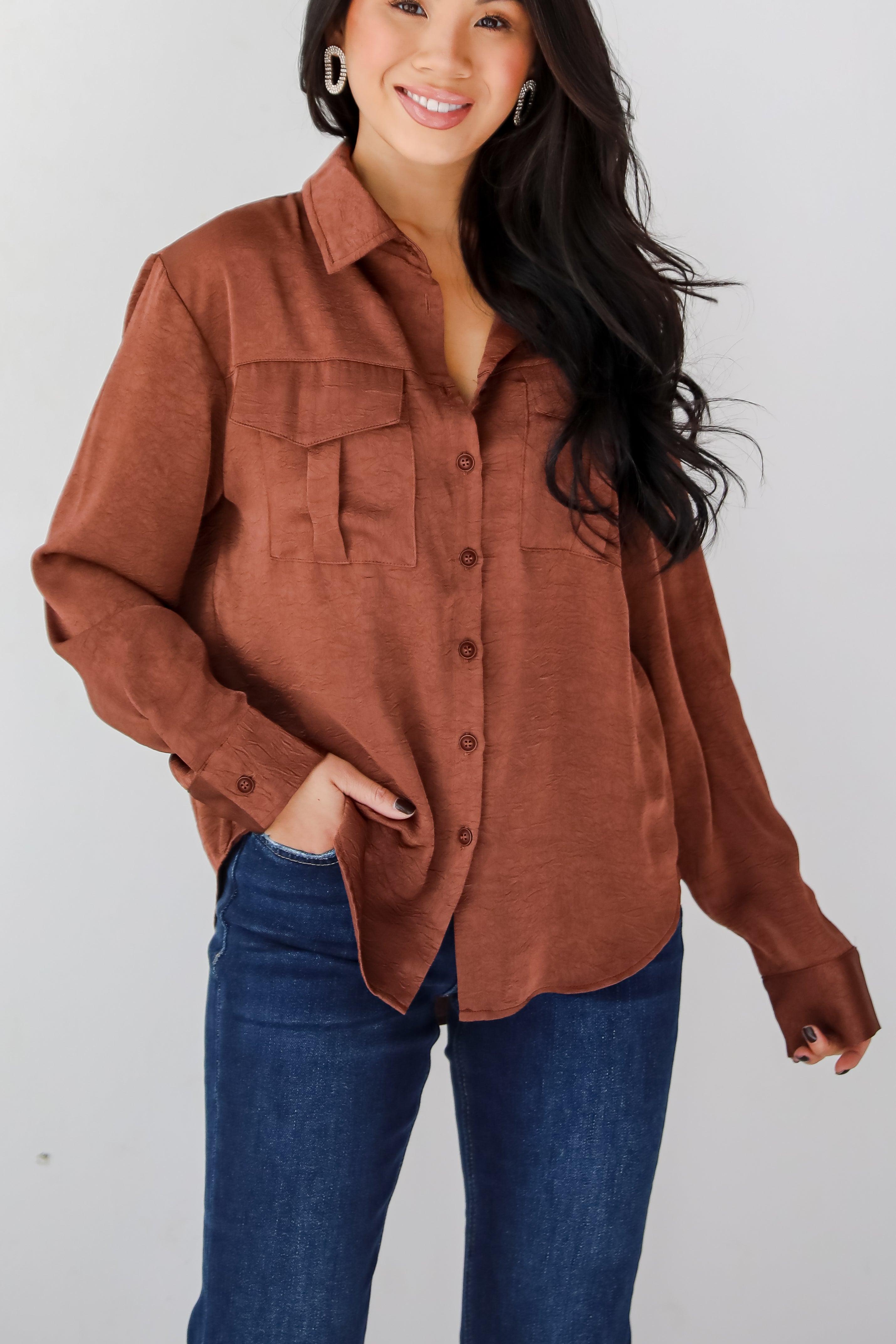 Extravagantly Sleek Brown Button-Up Blouse