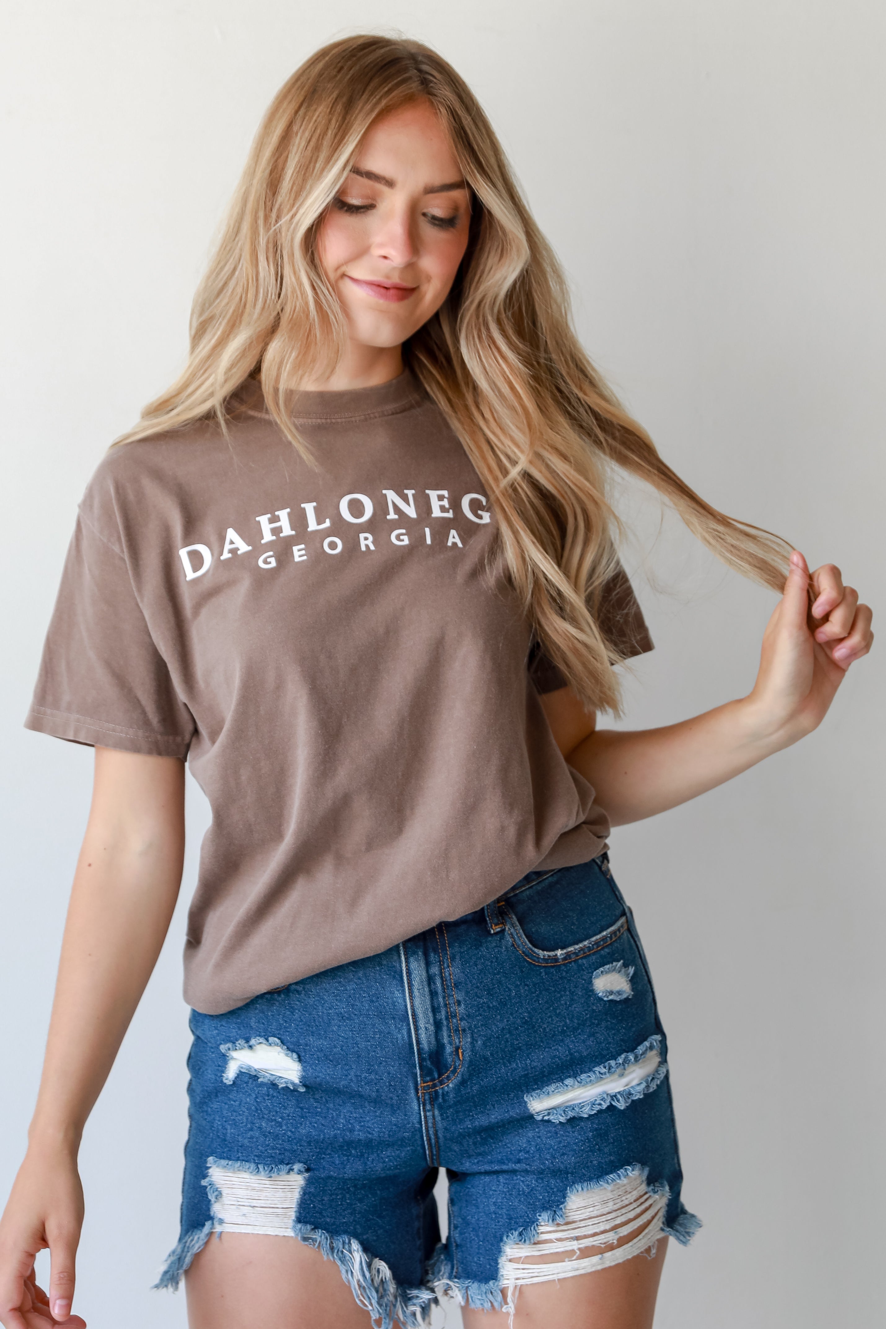 Brown Dahlonega Georgia Block Letter Tee on model