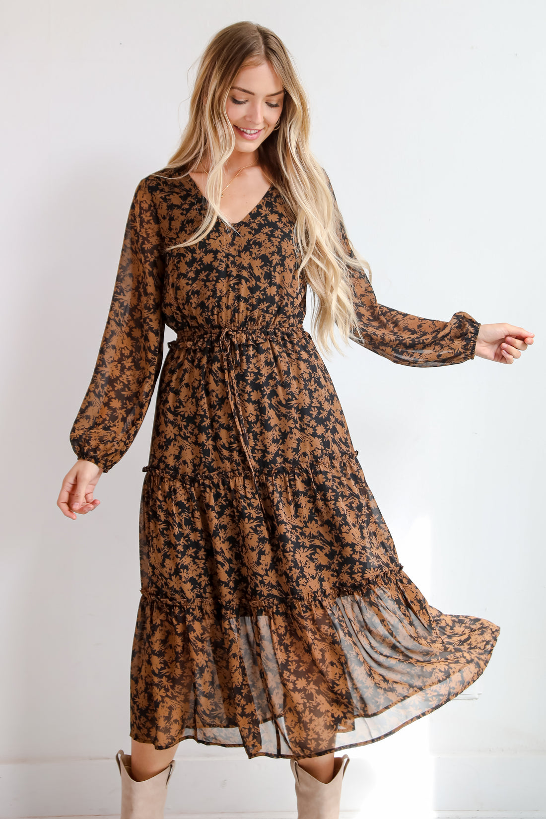 Graceful Glamour Black Floral Midi Dress