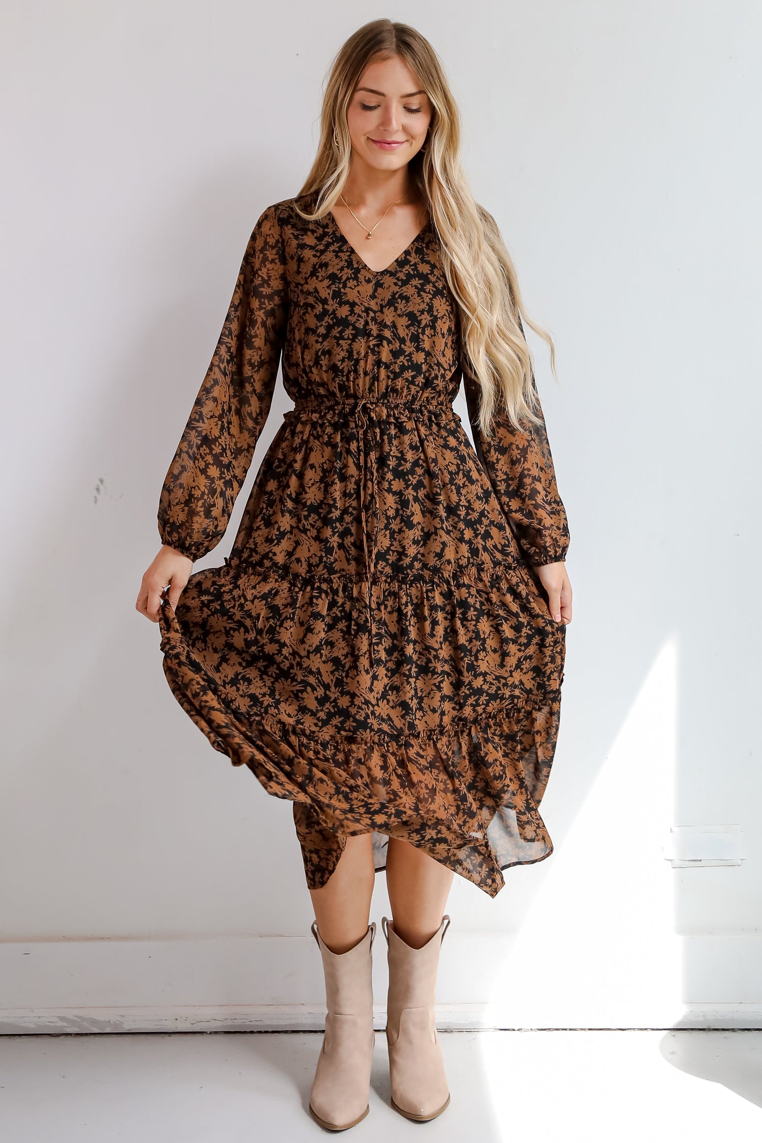 Graceful Glamour Black Floral Midi Dress