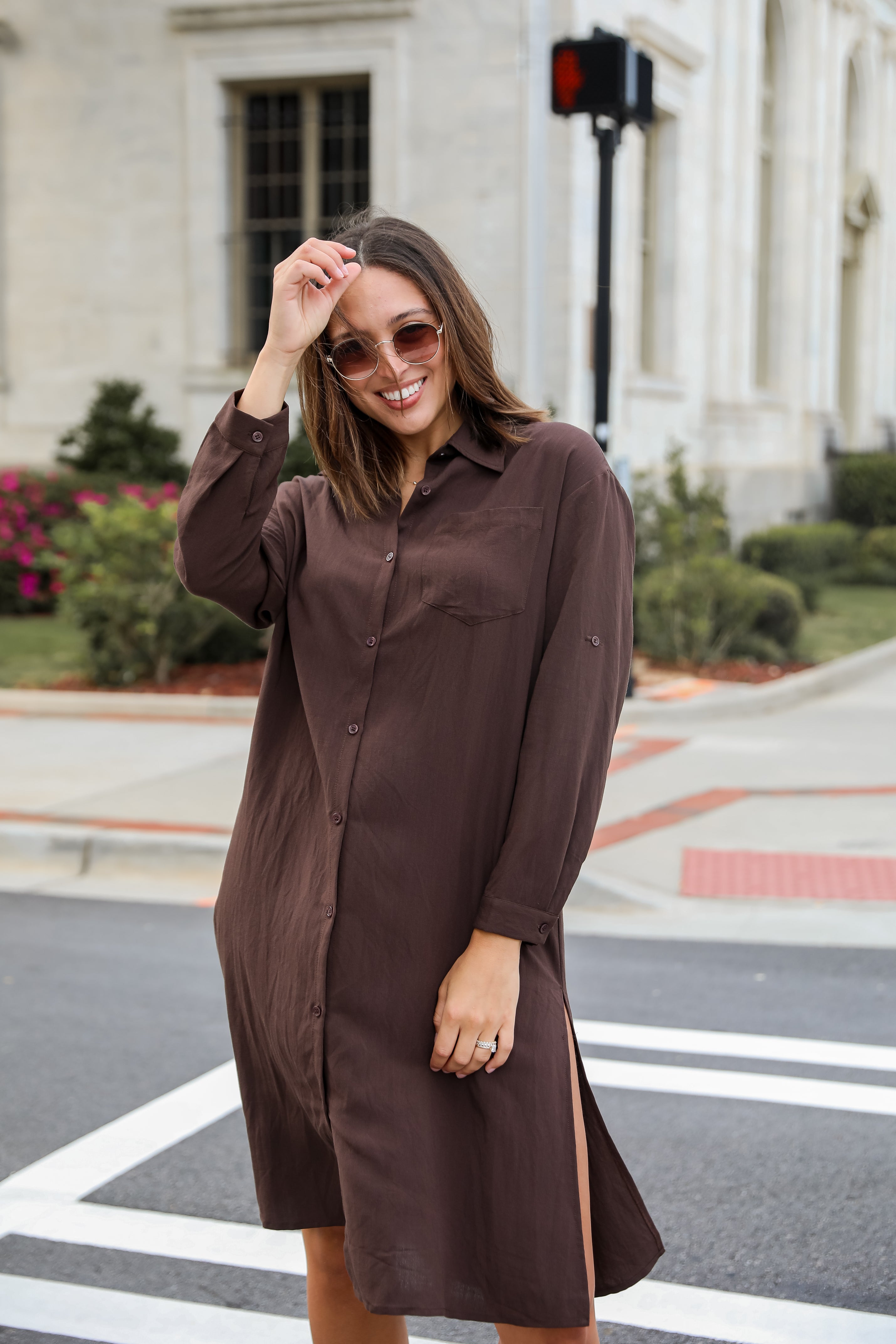 Cherished Chicness Brown Button Front Midi Dress