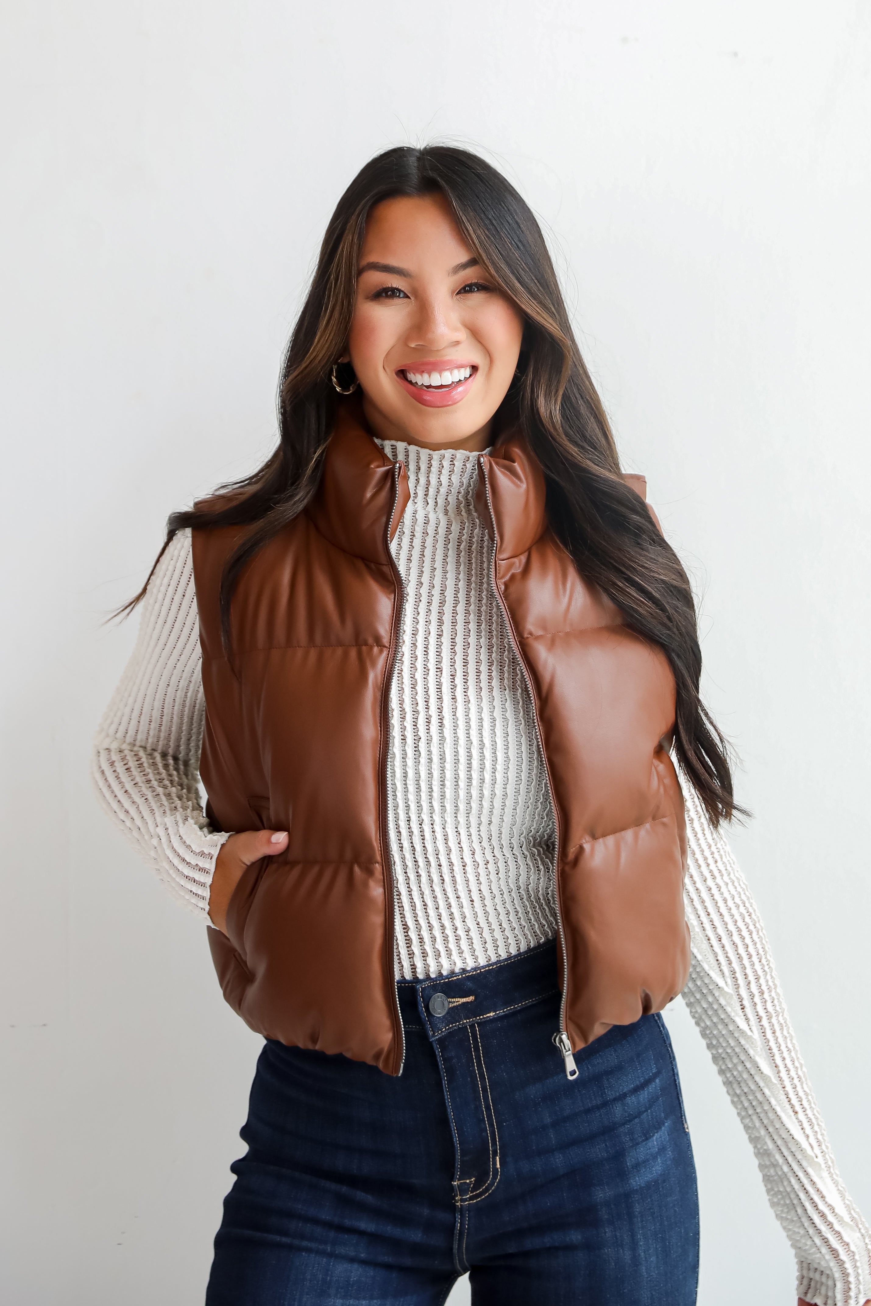 Fave Forecast Chestnut Leather Puffer Vest