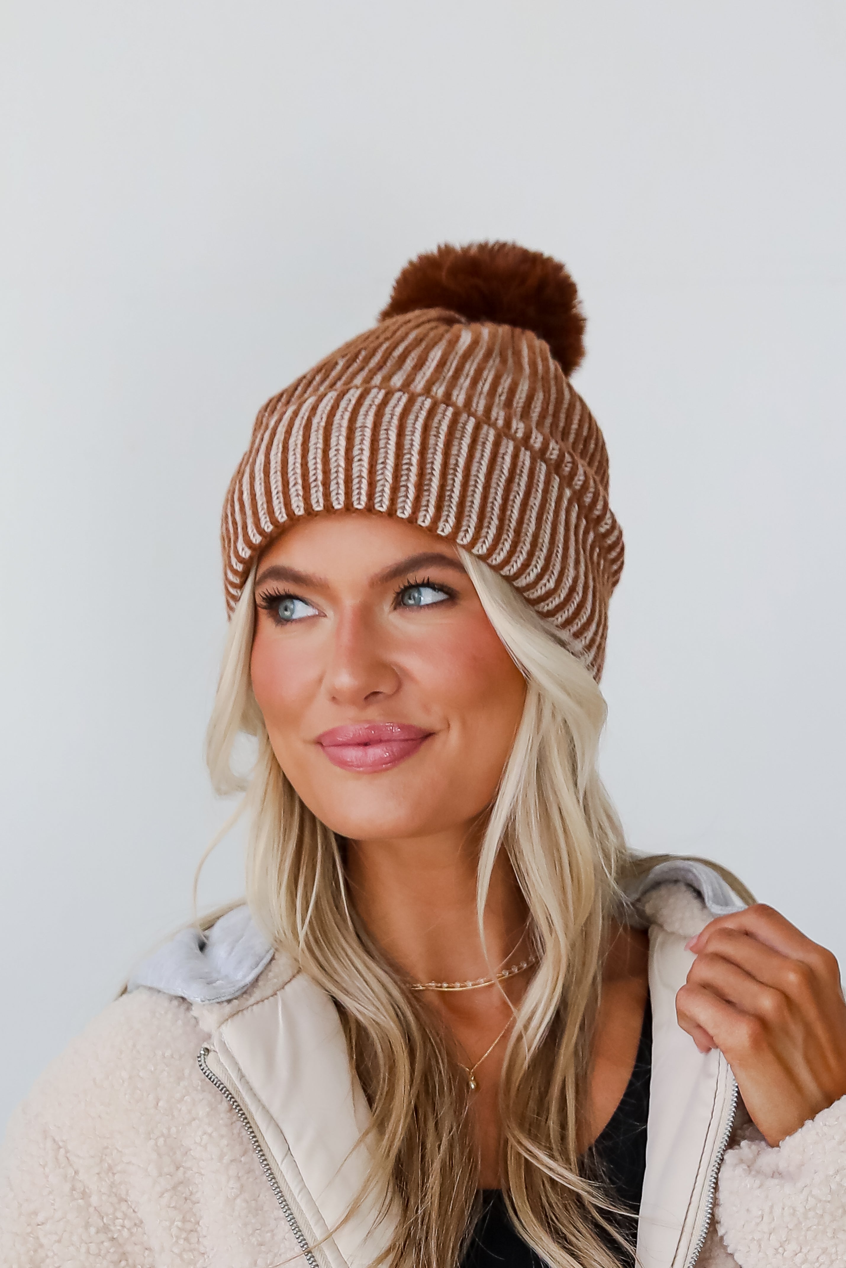 Exceptionally Cozy Brown Ribbed Pom Pom Beanie