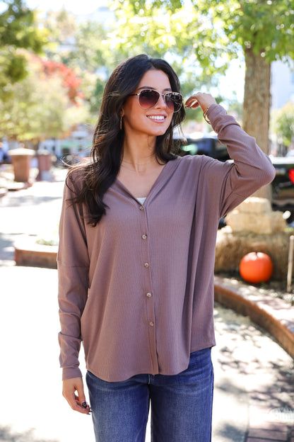 Cozy Classic Ribbed Knit Button Front Top