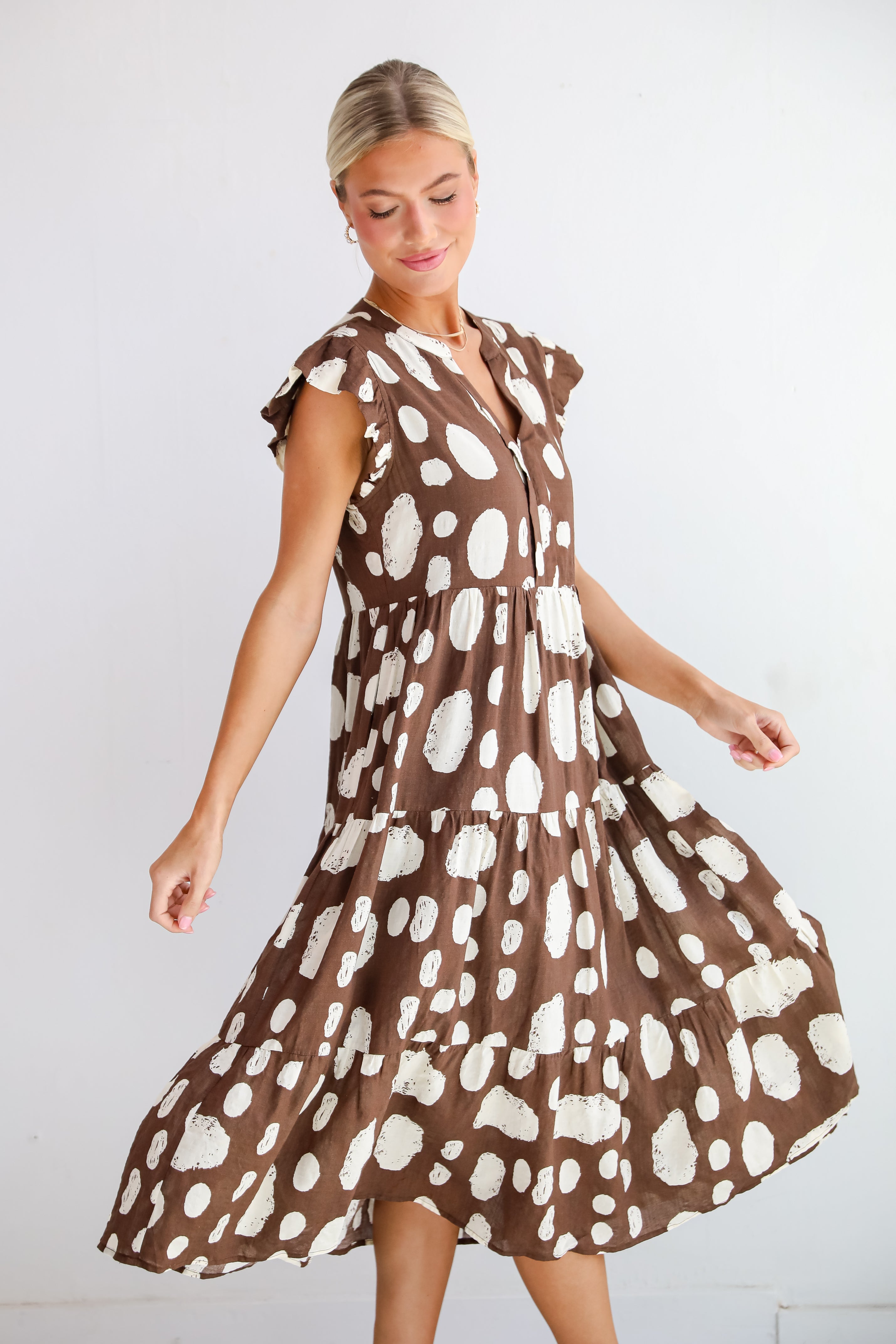 Simply Desirable Brown Dotted Tiered Midi Dress