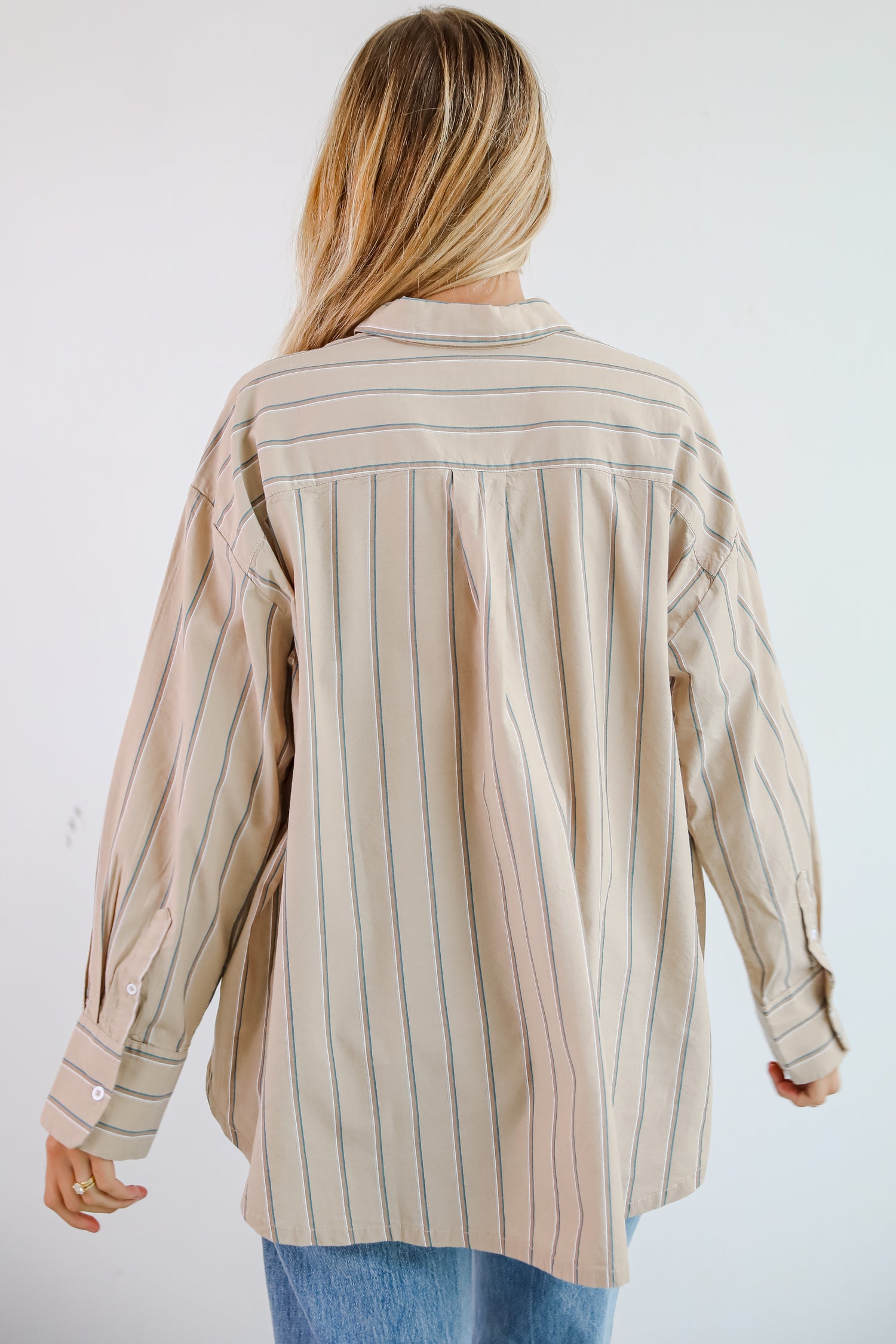 Convincingly Chic Taupe Striped Button-Up Blouse