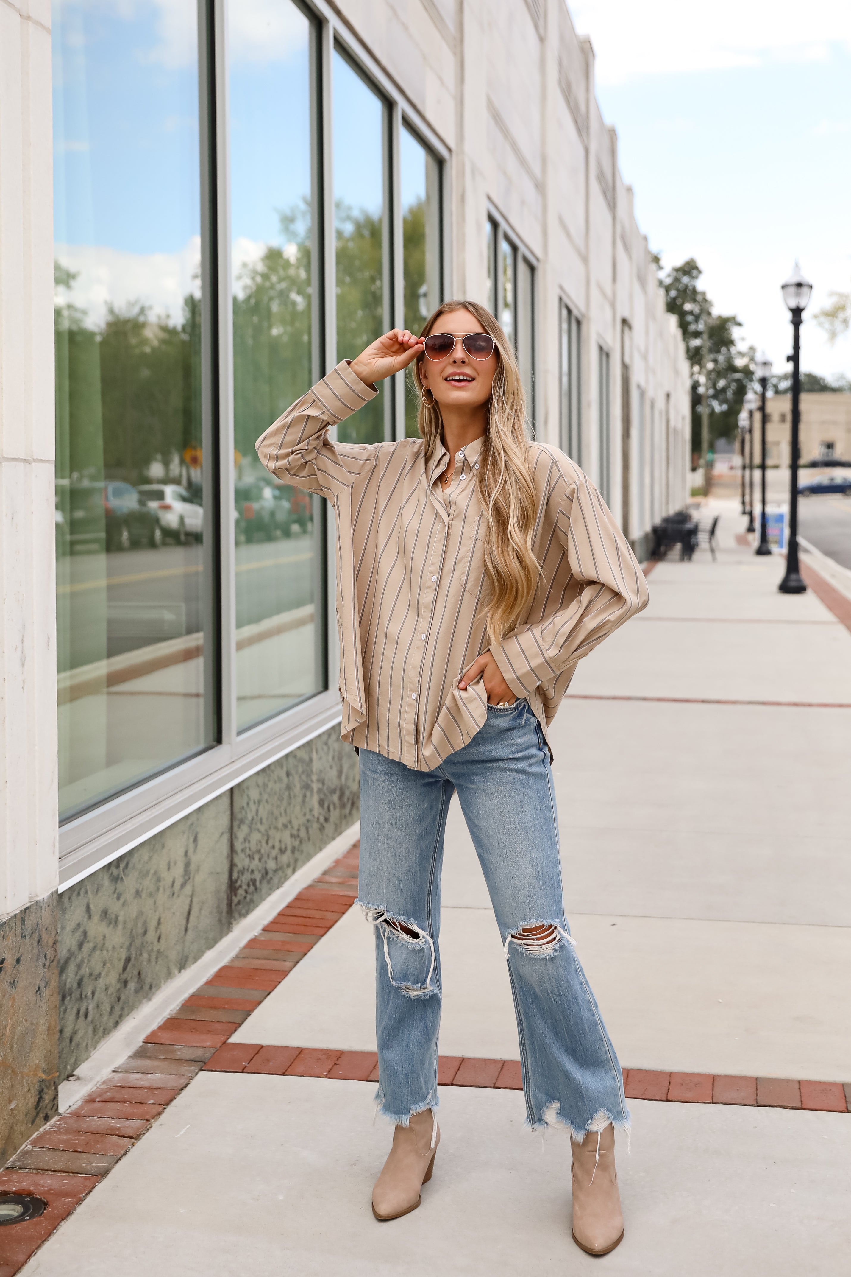 Convincingly Chic Taupe Striped Button-Up Blouse