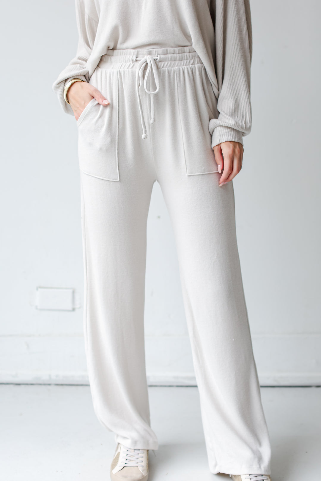 cream Brushed Knit Lounge Pants close up