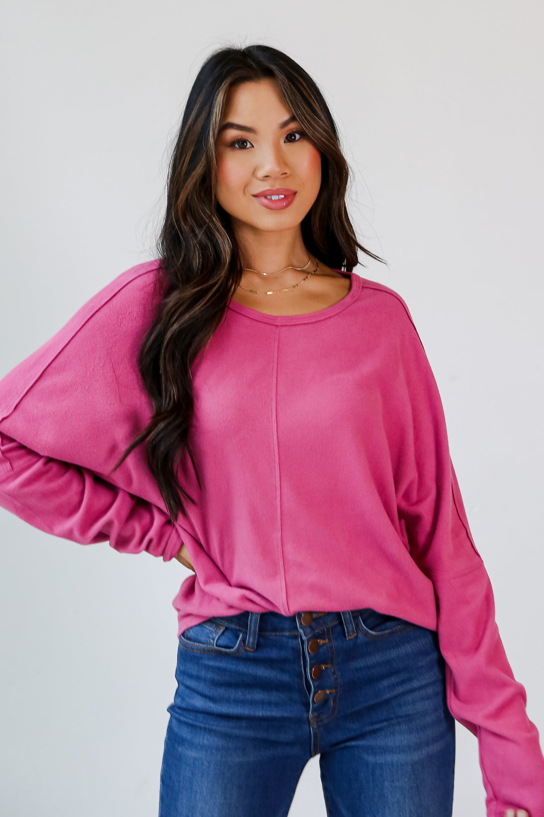 hot pink Brushed Knit Top front view