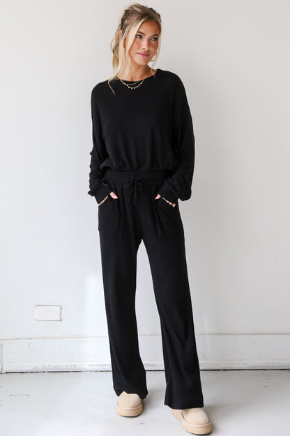 black Brushed Ribbed Knit Lounge Pants on model