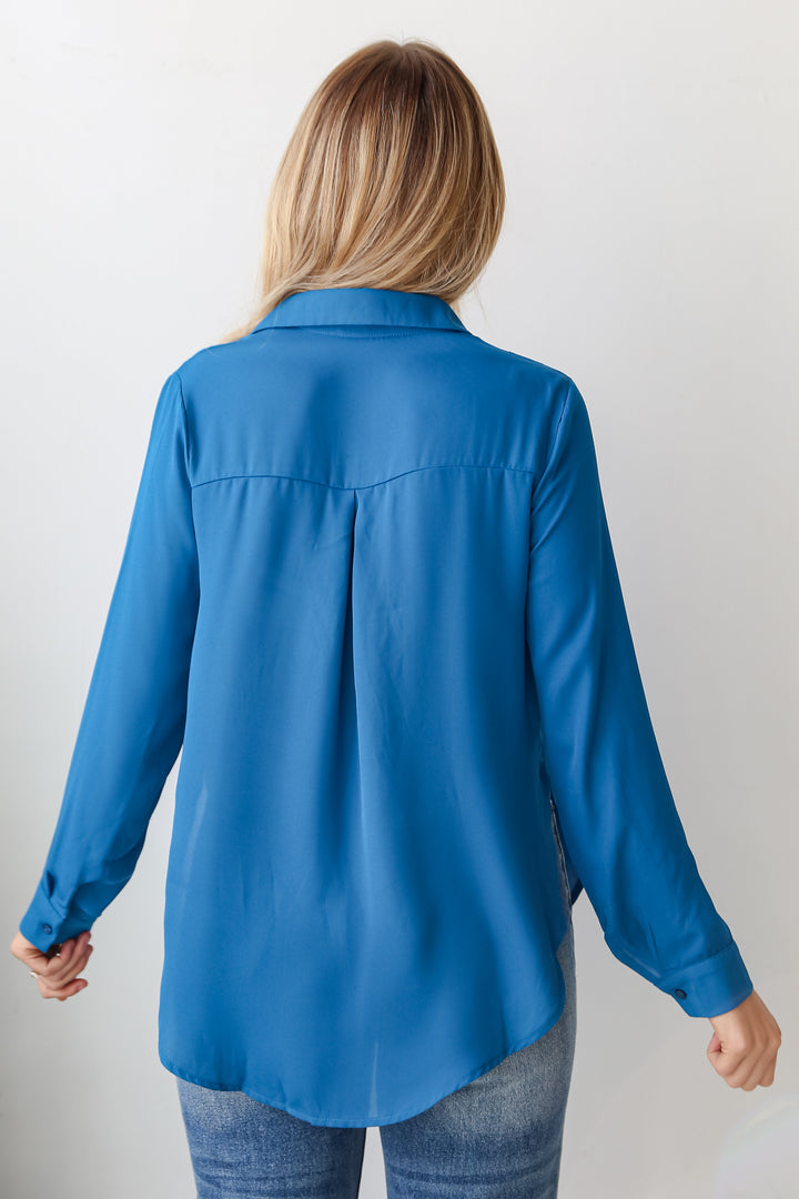 blue Button-Up Blouse back view