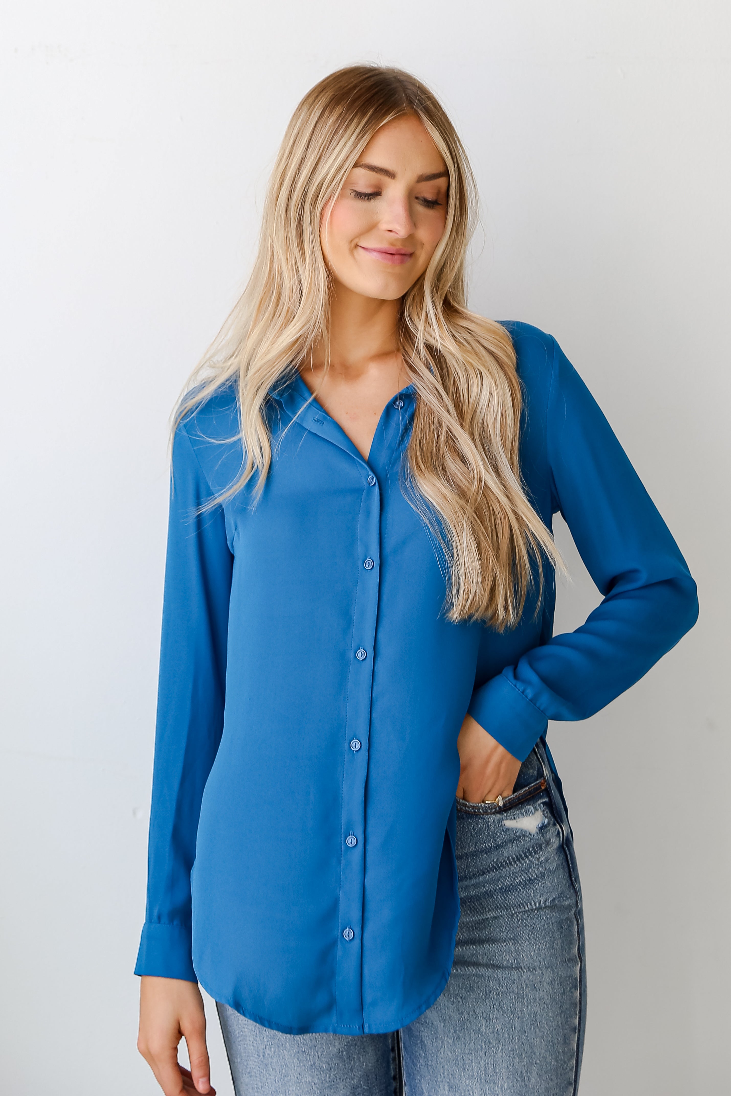 blue Button-Up Blouse front view