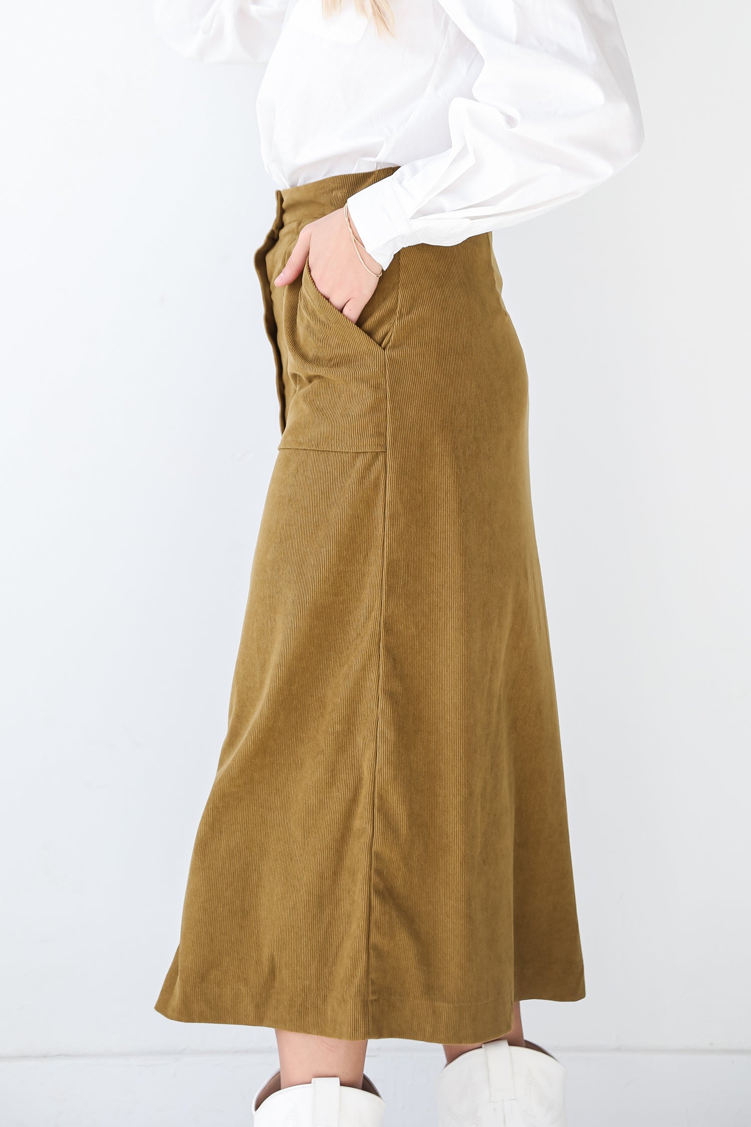 Olive Corduroy Midi Skirt side view