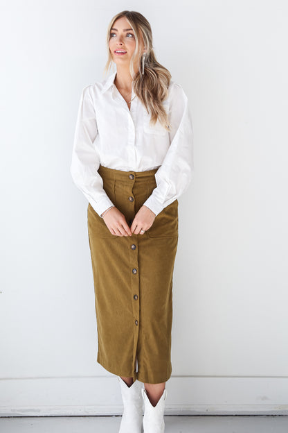 Olive Corduroy Midi Skirt front view