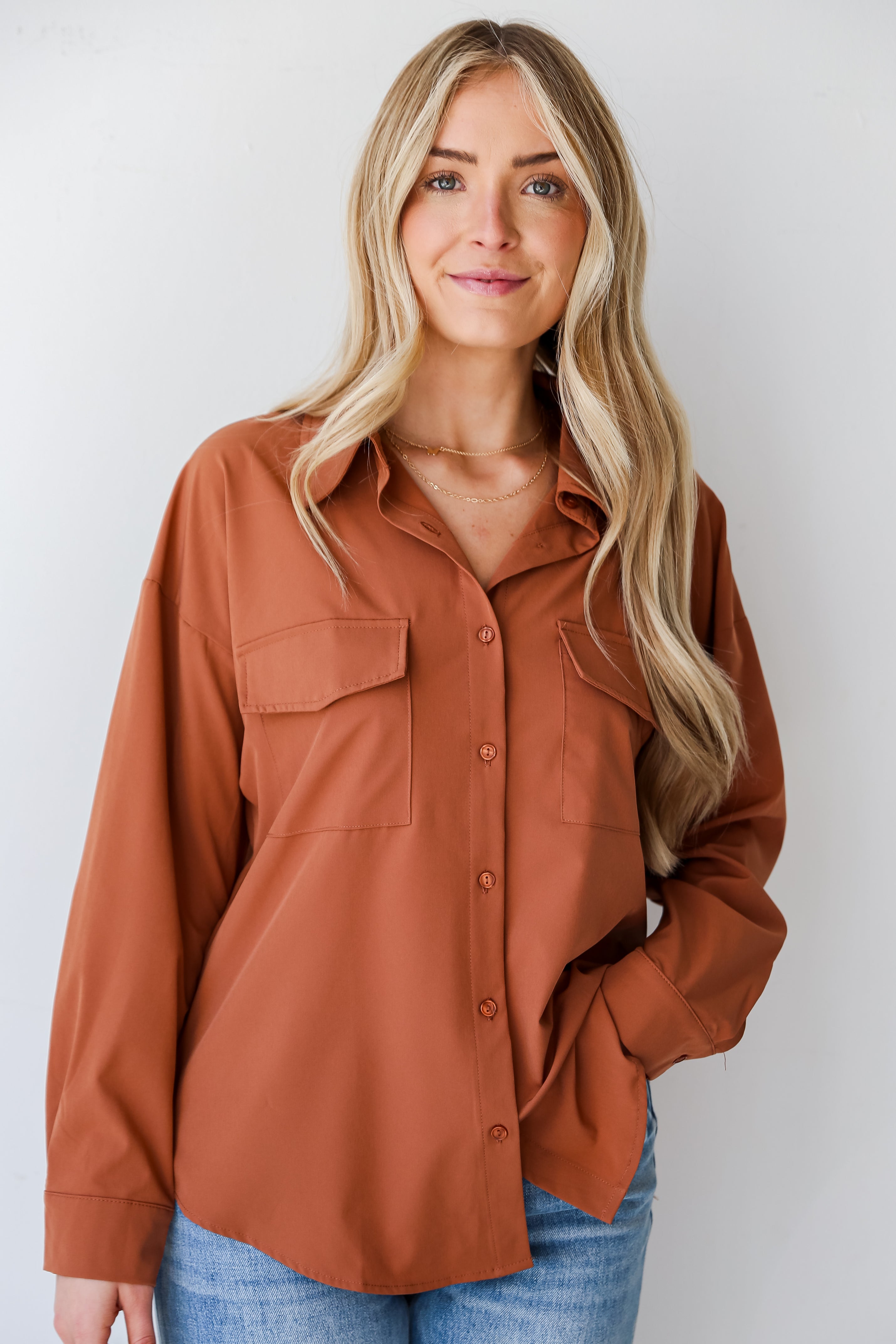 brown Button-Up Blouses