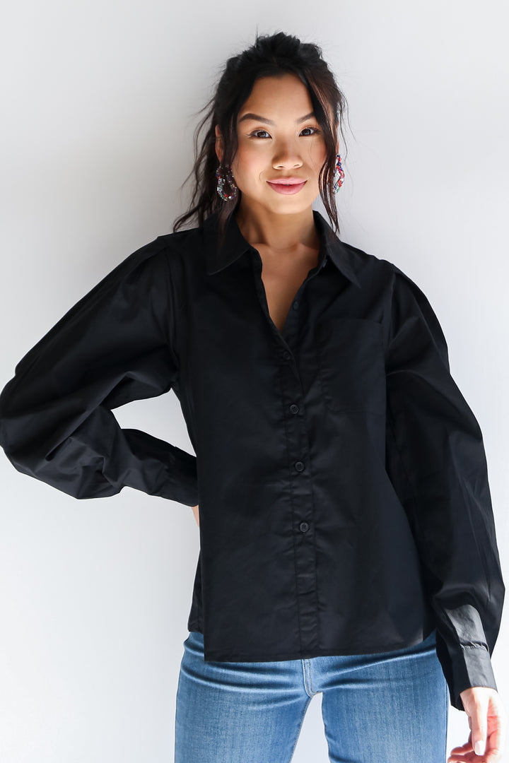 black Button-Up Blouse  front view