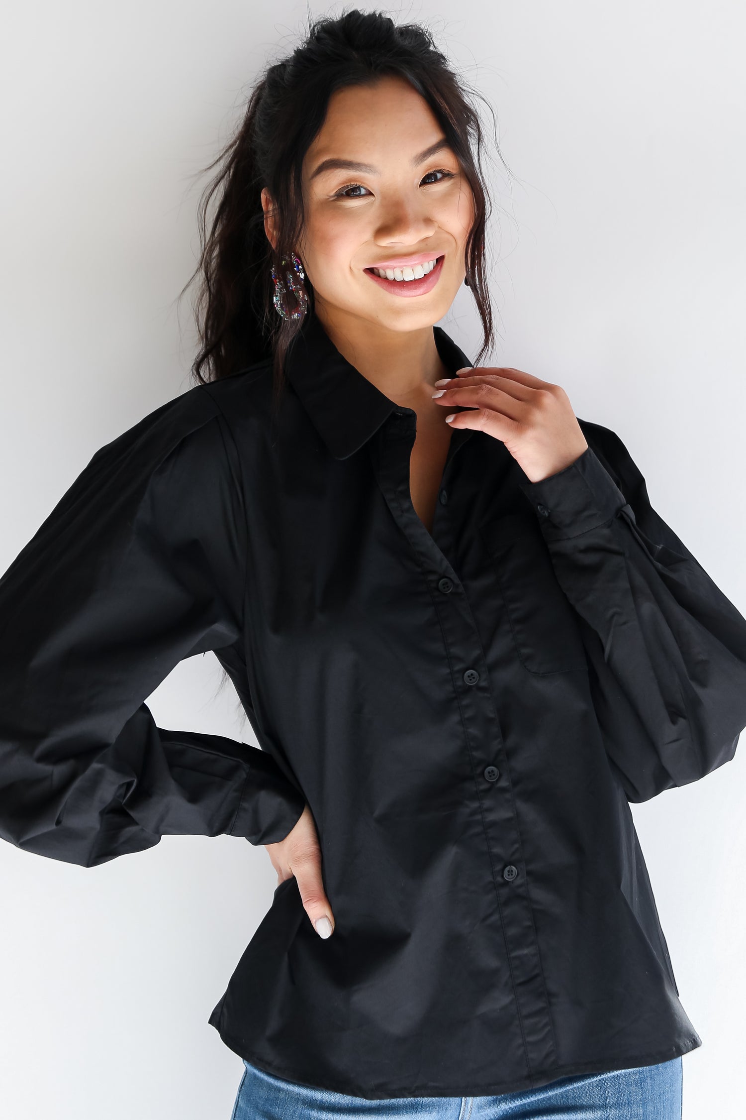 black Button-Up Blouse front view