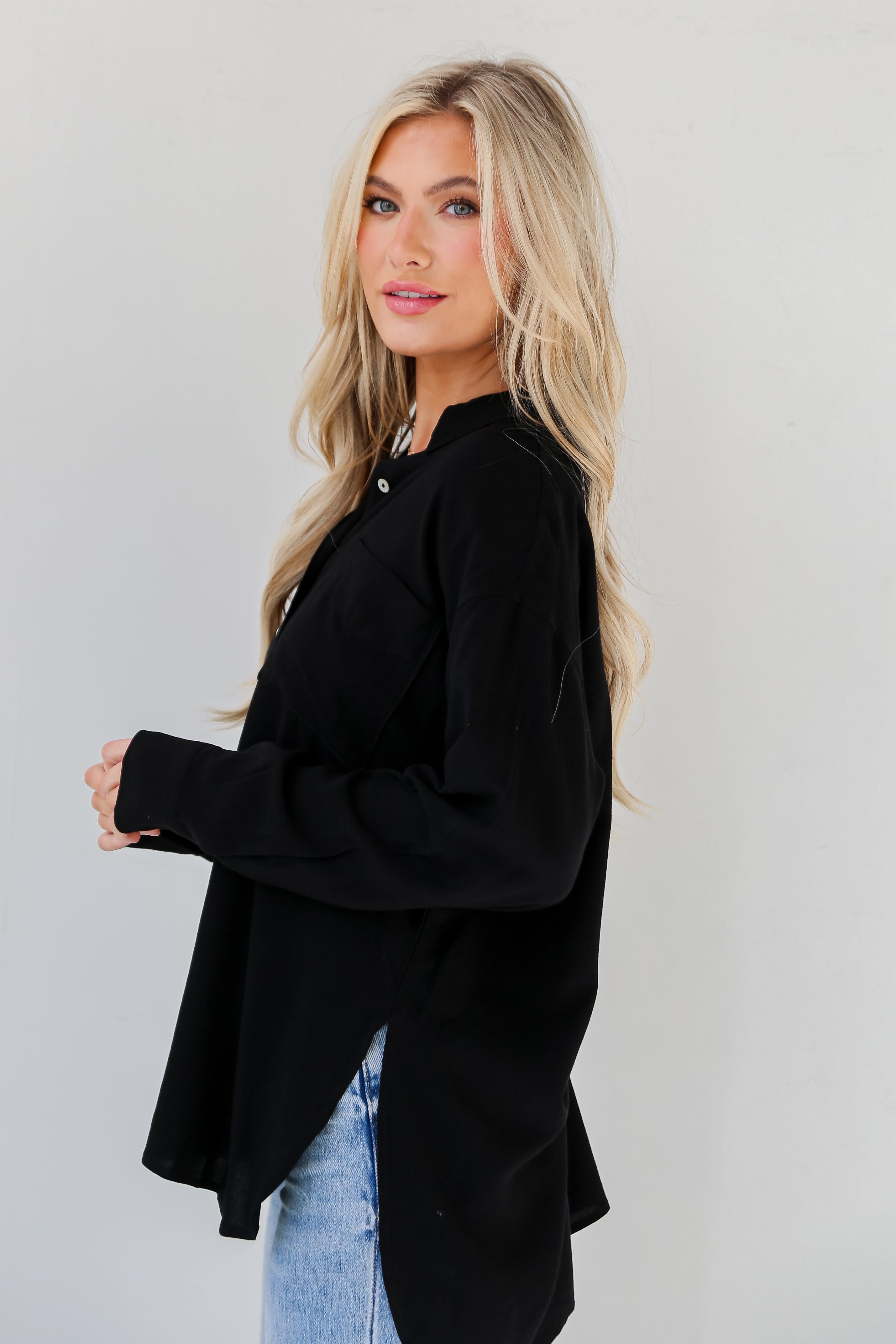 basic black Linen Button-Up Blouse for women